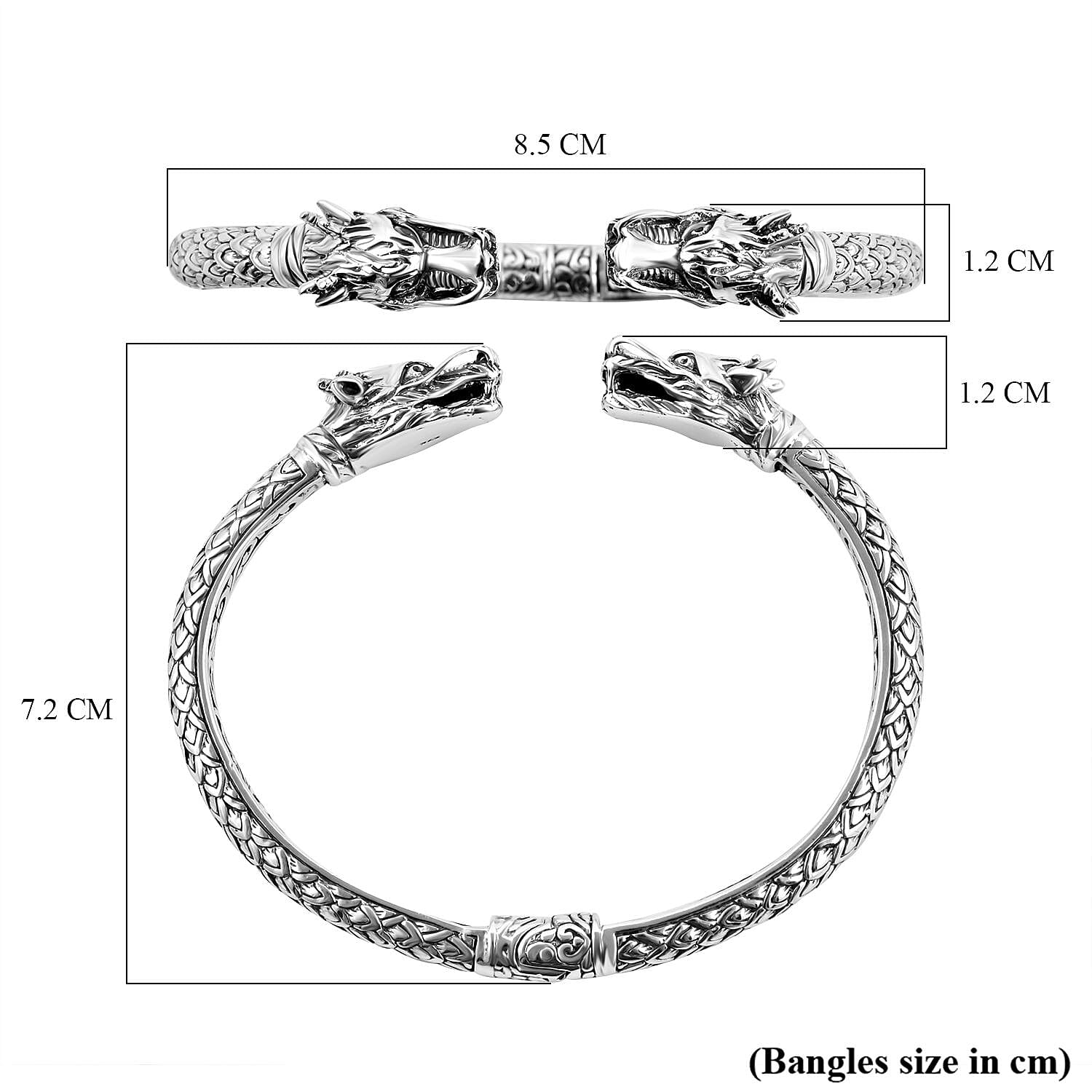 Royal Bali Collection - Sterling Silver Dragon Head Cuff Bangle (Size 7.5), Silver wt 22.99 Gms