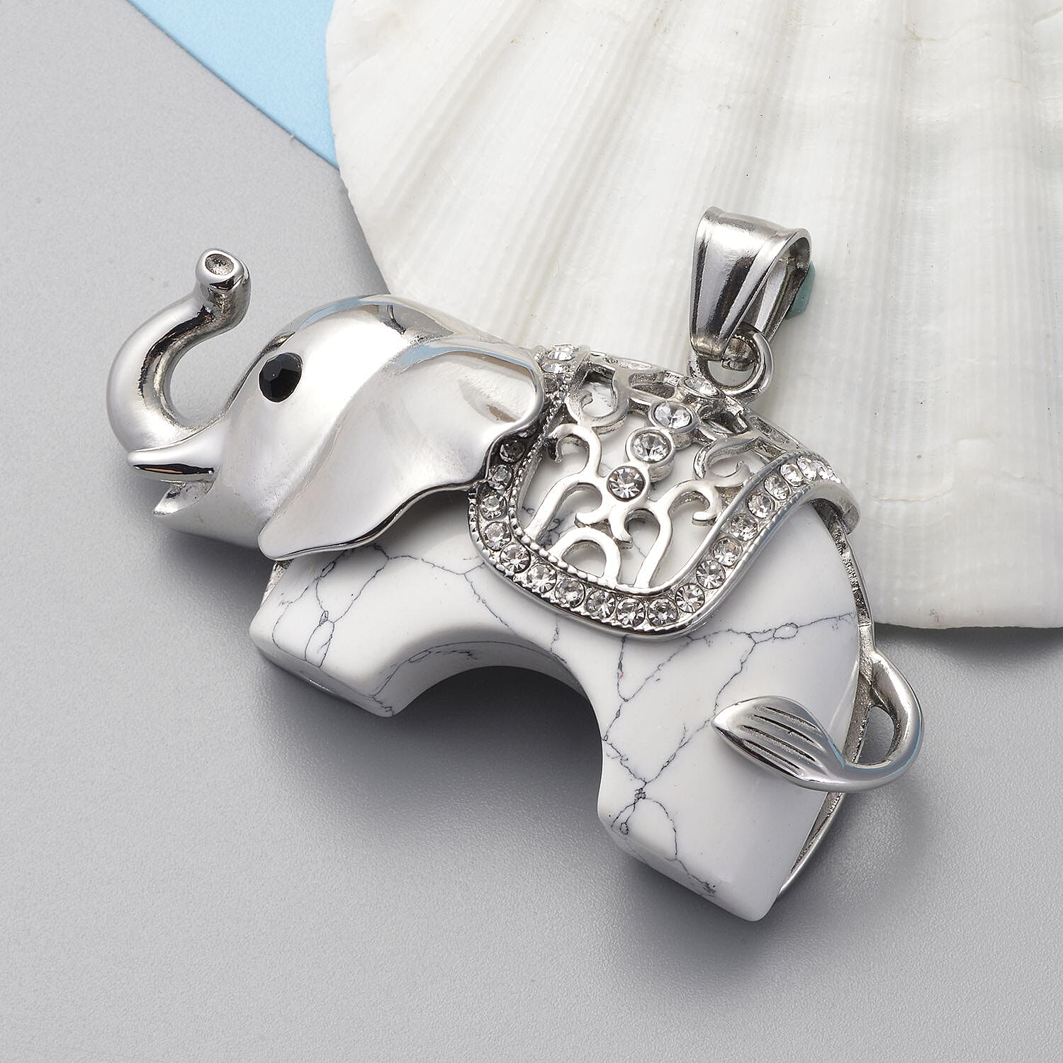 2 Piece Set -  White Howlite, White Austrian Crystal and Black Austrian Crystal Elephant Necklace and Pendant in Stainless Steel 50.94 Ct.