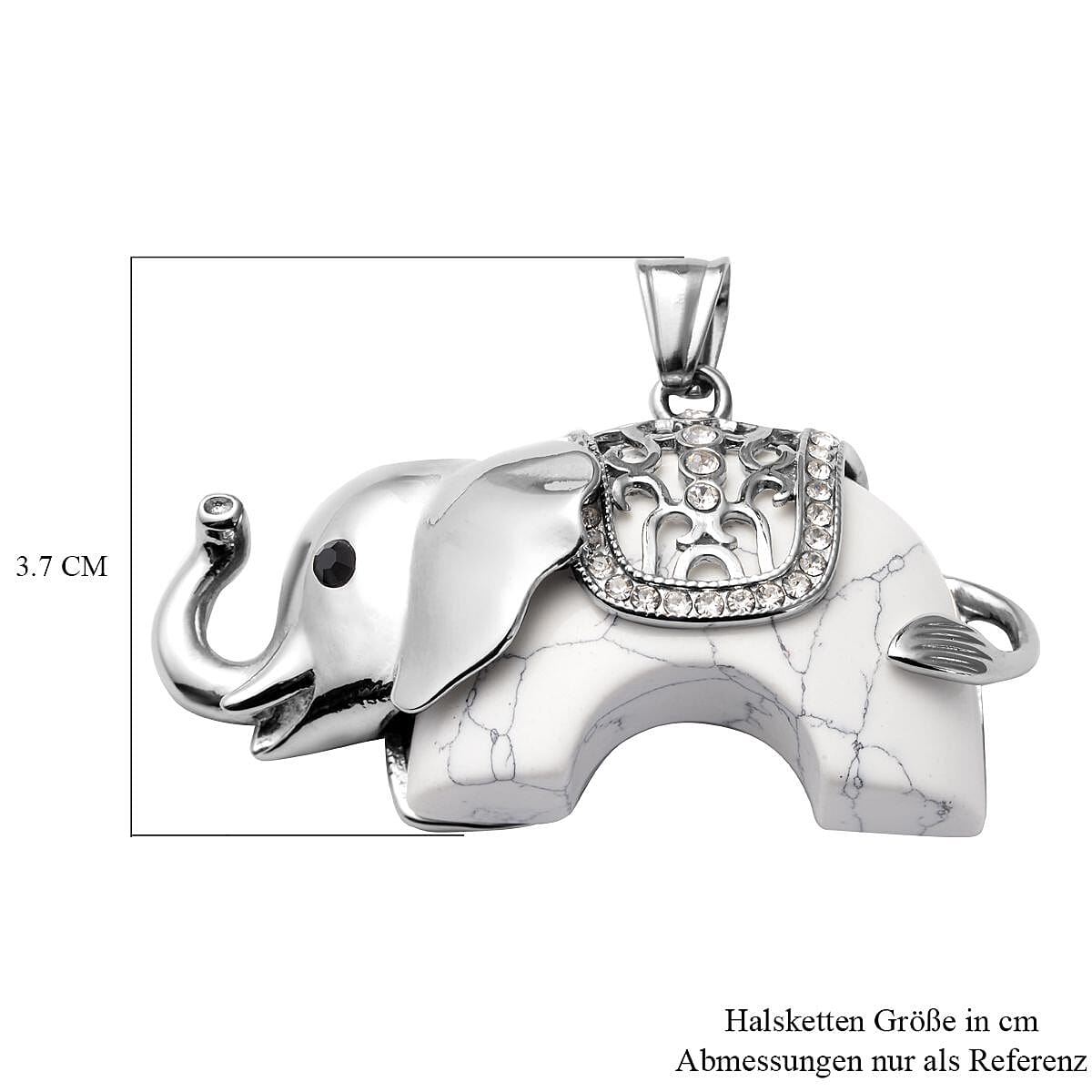 2 Piece Set -  White Howlite, White Austrian Crystal and Black Austrian Crystal Elephant Necklace and Pendant in Stainless Steel 50.94 Ct.