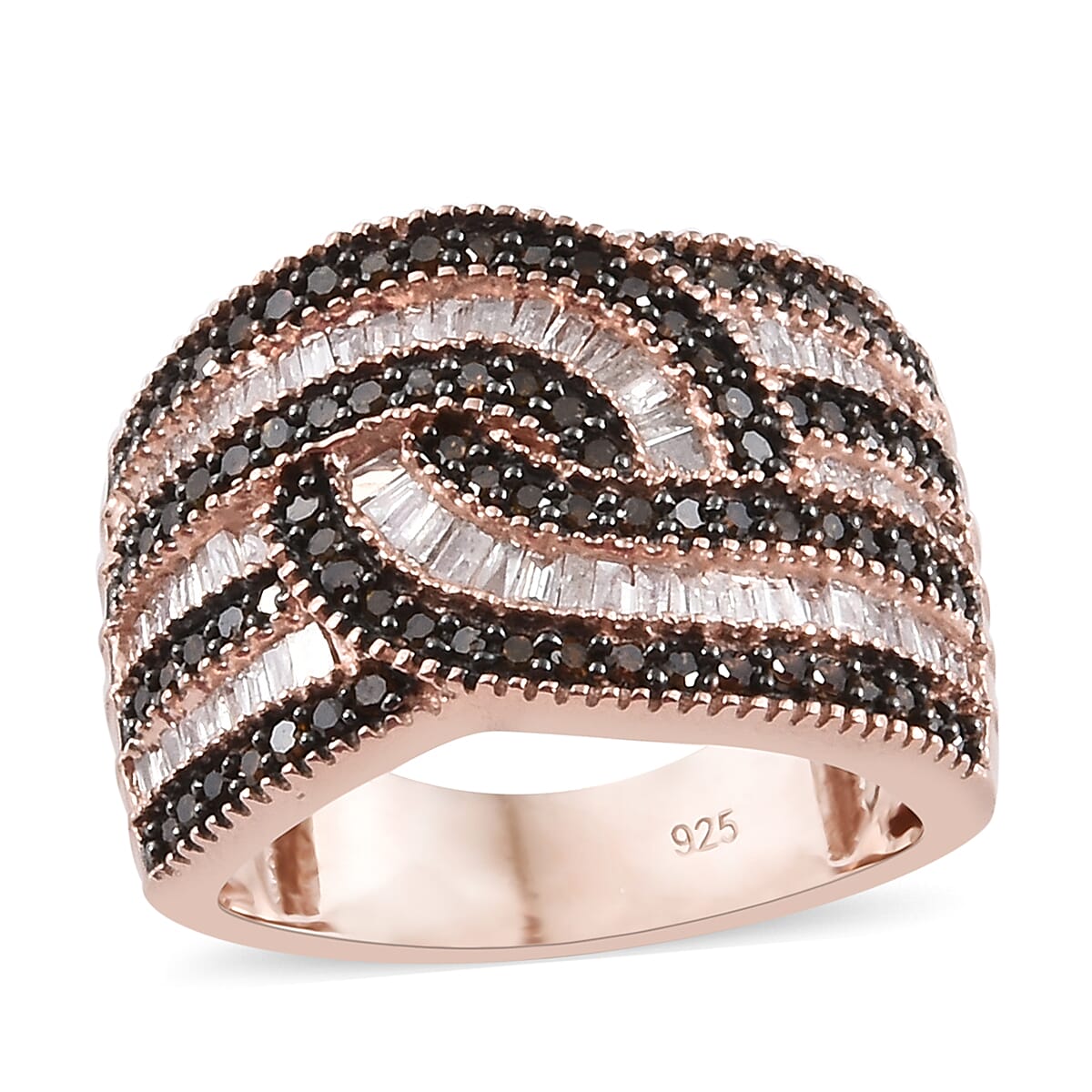 Diamond (Taper Bagguet), Red Diamond Cluster Ring in Rose Gold and Black Overlay Sterling Silver 1.000 Ct, Silver wt 6.94 Gms, Number of Diamonds 162.
