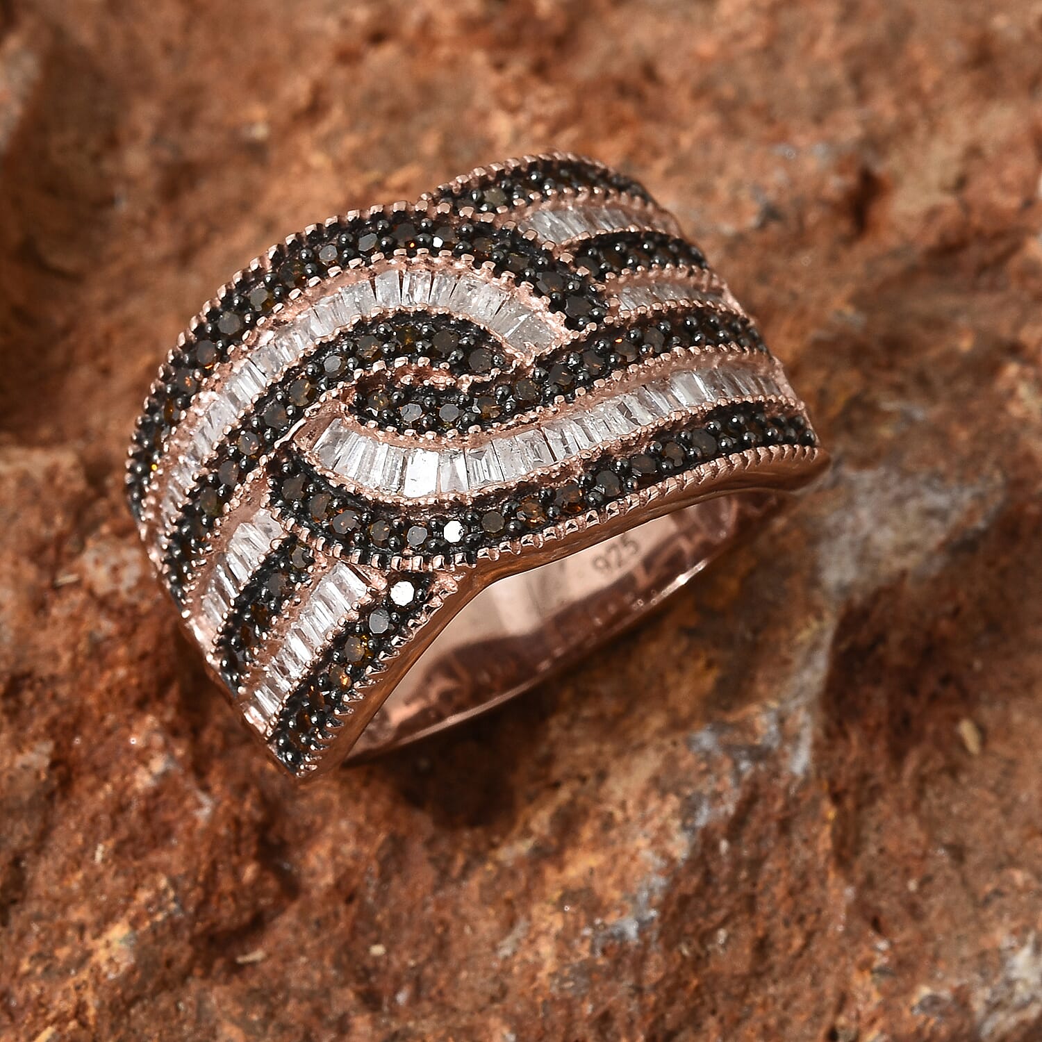 Diamond (Taper Bagguet), Red Diamond Cluster Ring in Rose Gold and Black Overlay Sterling Silver 1.000 Ct, Silver wt 6.94 Gms, Number of Diamonds 162.