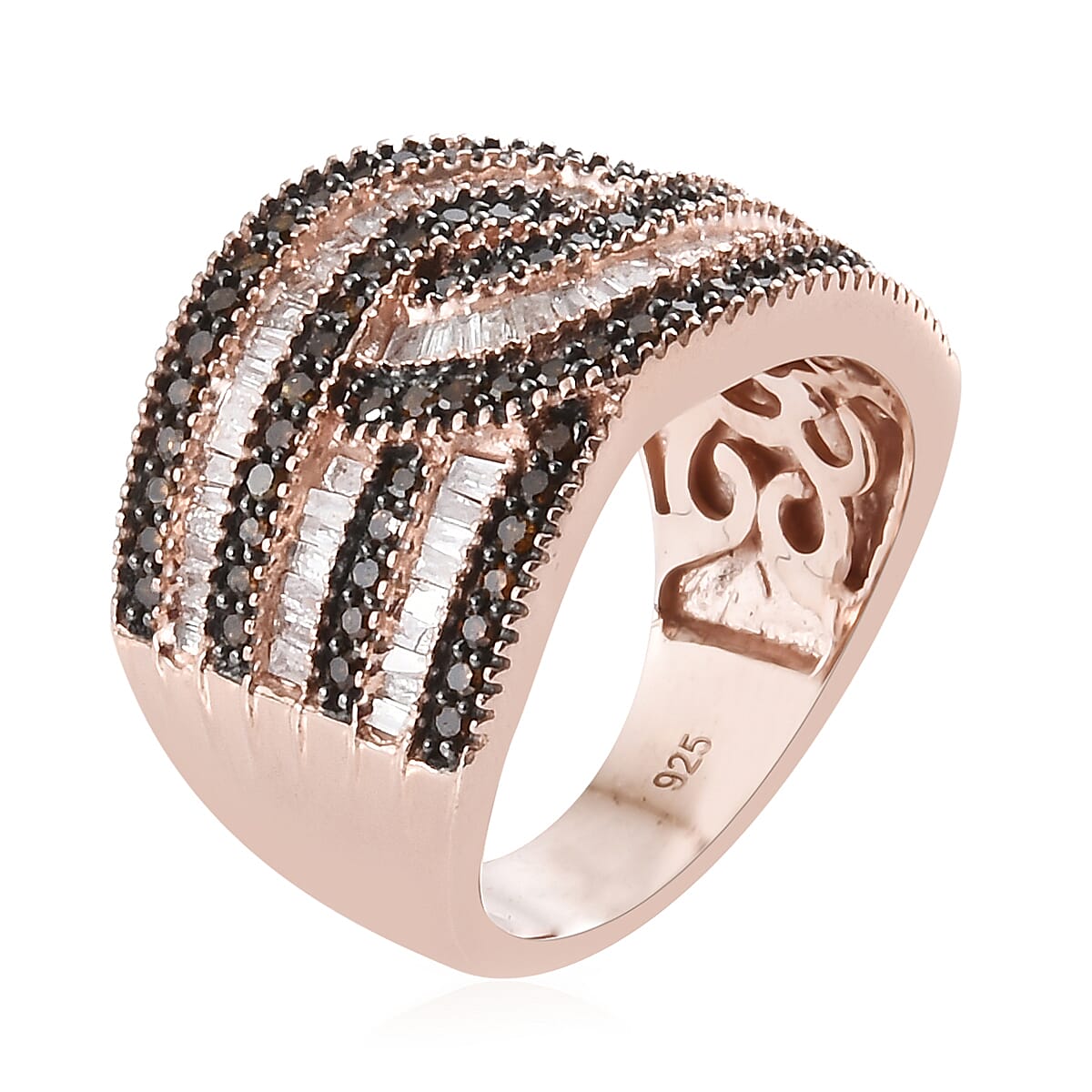 Diamond (Taper Bagguet), Red Diamond Cluster Ring in Rose Gold and Black Overlay Sterling Silver 1.000 Ct, Silver wt 6.94 Gms, Number of Diamonds 162.