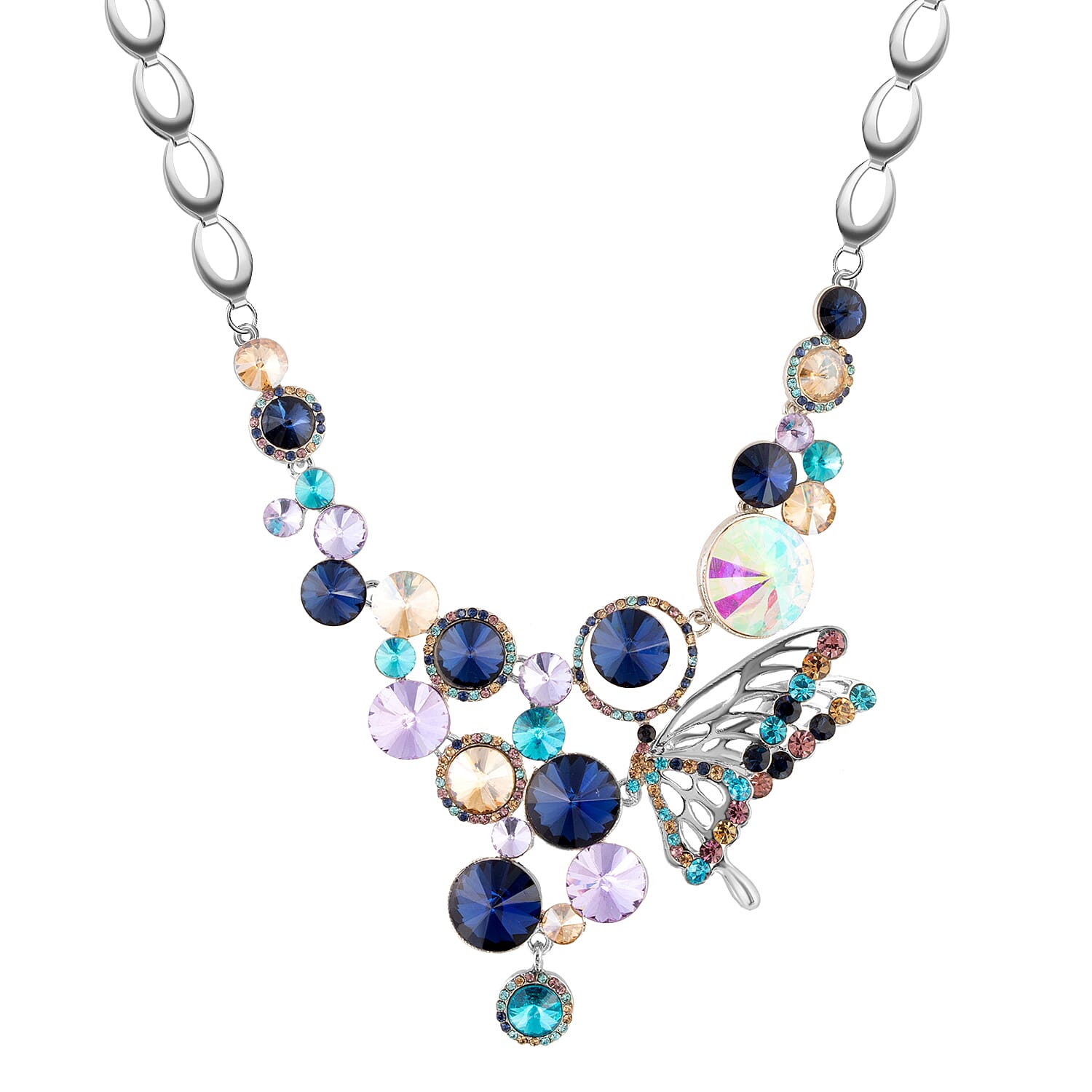 Multi Colour Simulated Diamond (Rnd), Multi Colour Austrian Crystal Necklace (Size 21 and 2 inch Extender) in Silver Tone