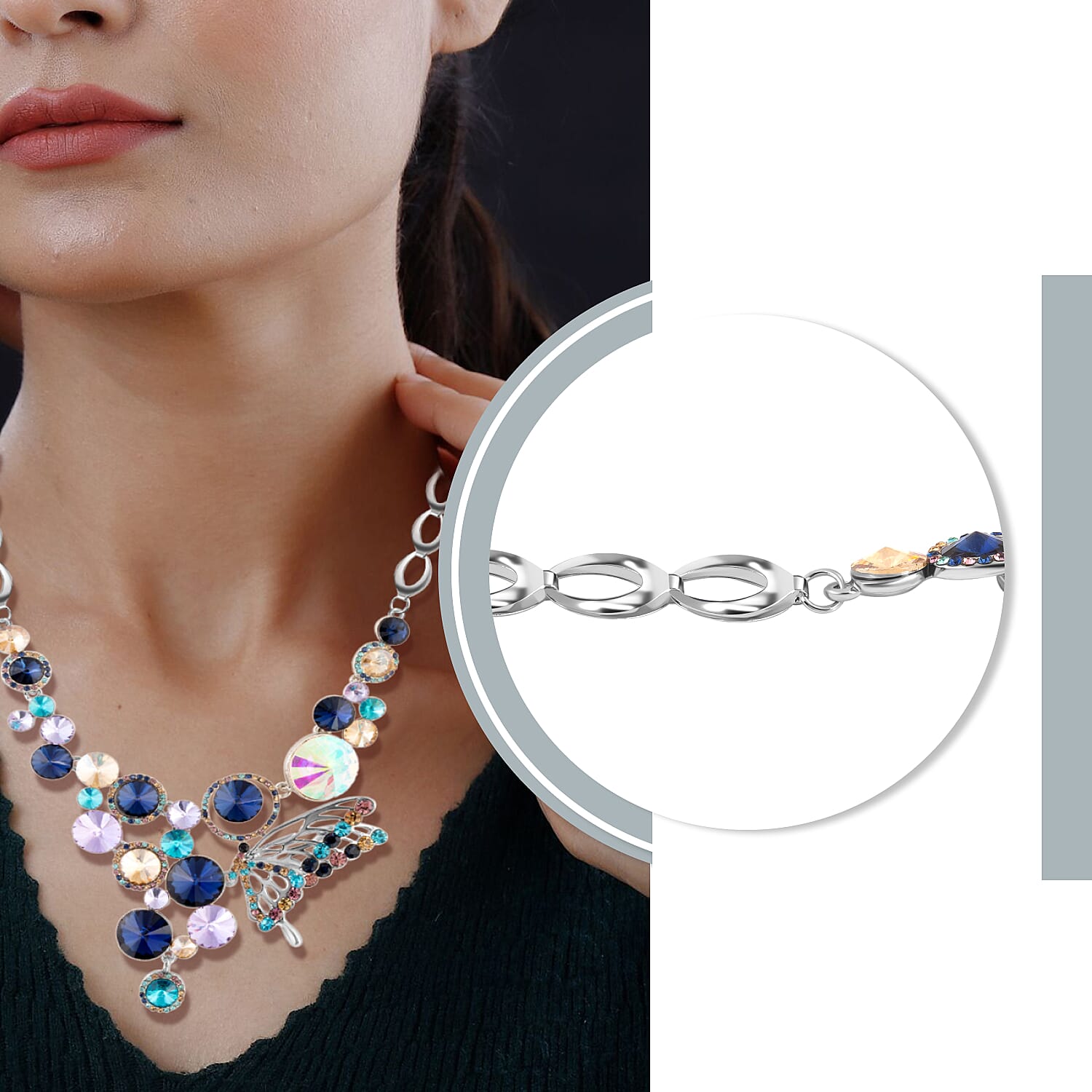 Multi Colour Simulated Diamond (Rnd), Multi Colour Austrian Crystal Necklace (Size 21 and 2 inch Extender) in Silver Tone