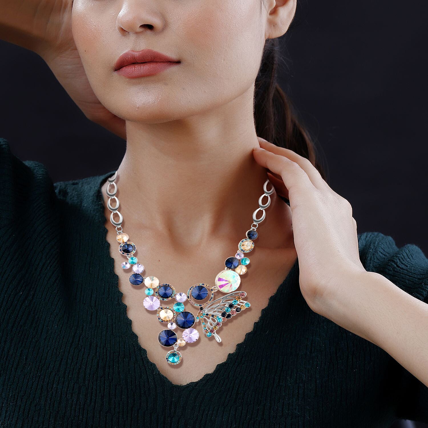 Multi Colour Simulated Diamond (Rnd), Multi Colour Austrian Crystal Necklace (Size 21 and 2 inch Extender) in Silver Tone