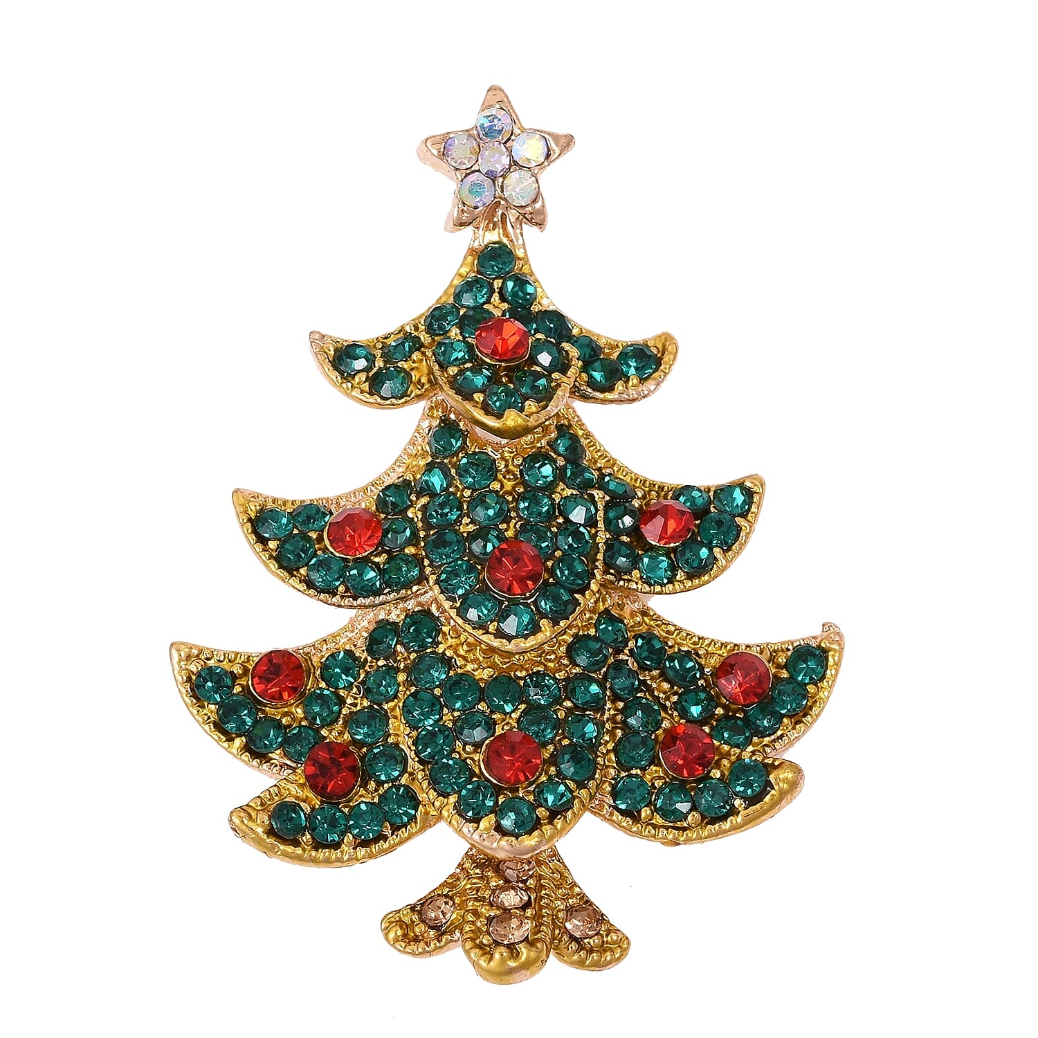 Multi Colour Austrian Crystal (Rnd) Christmas Tree Brooch Cum Pendant in Antique Yellow Gold Tone.