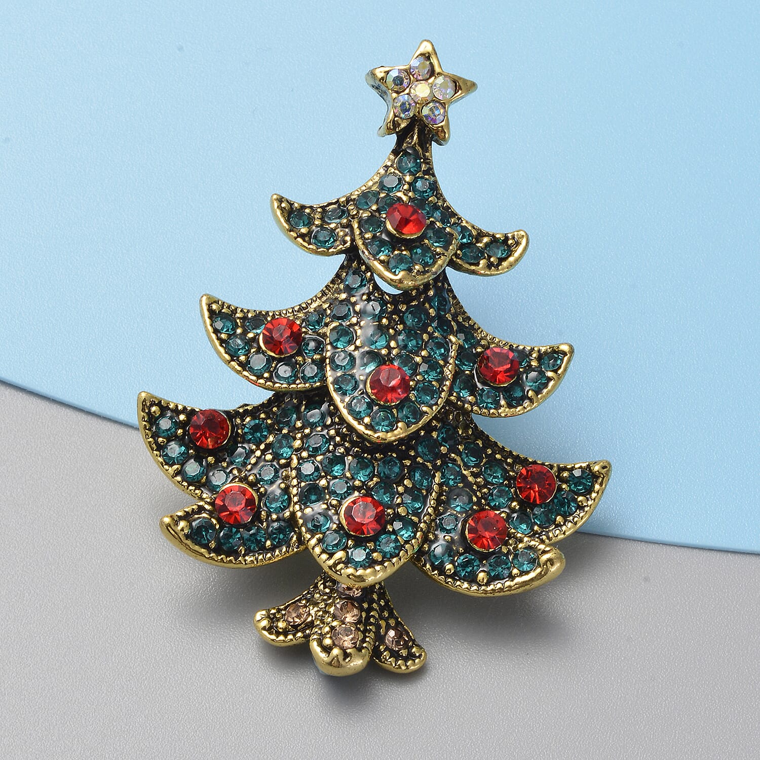 Multi Colour Austrian Crystal (Rnd) Christmas Tree Brooch Cum Pendant in Antique Yellow Gold Tone.