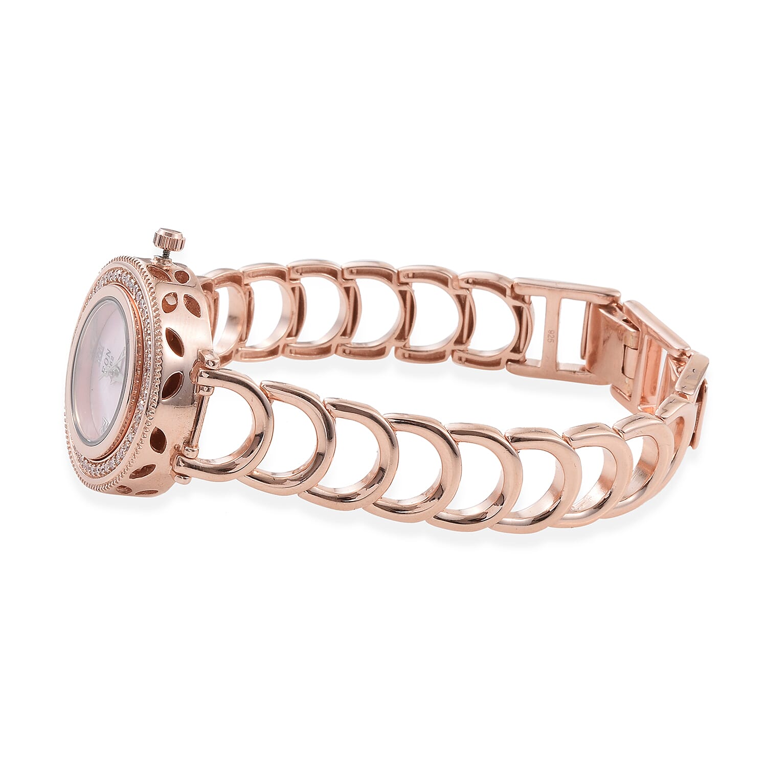 Limited Edition - EON 1962 Natural Pink Diamond Swiss Movement Sapphire Glass Watch (Size 6.5 to 8.5) in Vermeil Rose Gold Overlay Sterling Silver 0.33 Ct, Metal wt 45 Gms