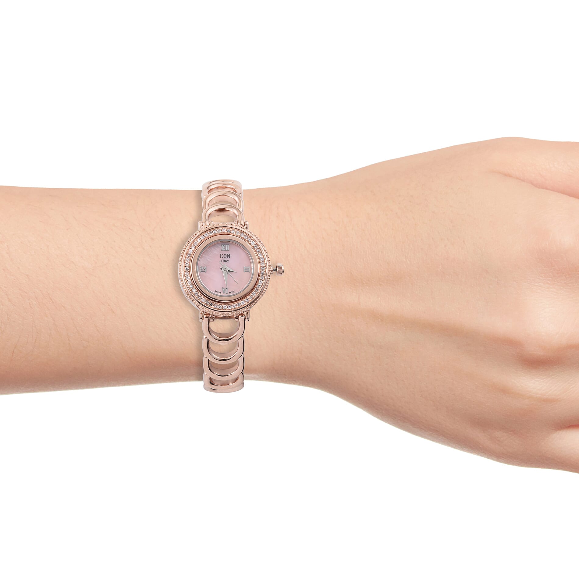 Limited Edition - EON 1962 Natural Pink Diamond Swiss Movement Sapphire Glass Watch (Size 6.5 to 8.5) in Vermeil Rose Gold Overlay Sterling Silver 0.33 Ct, Metal wt 45 Gms