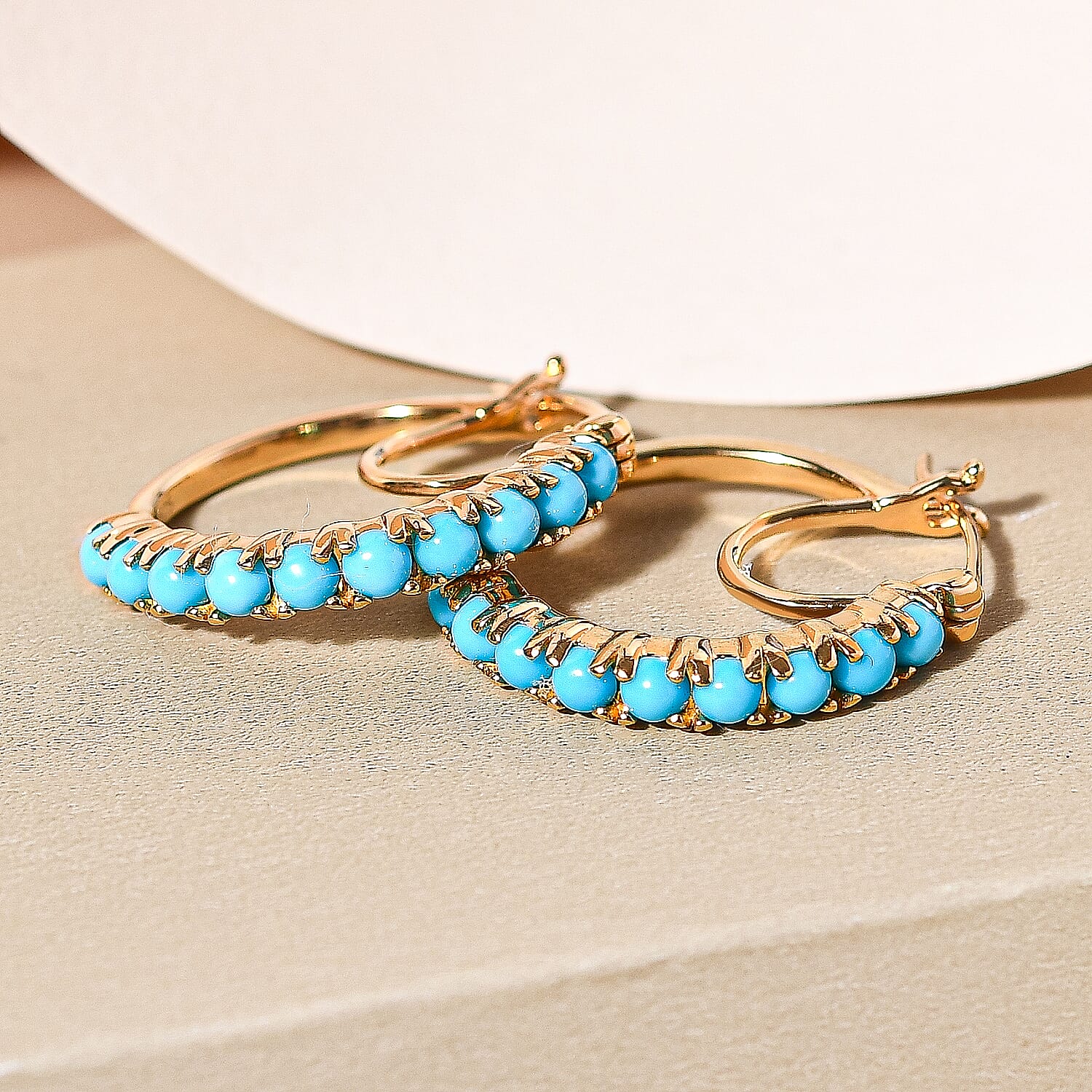 Arizona Sleeping Beauty Turquoise Hoop Earrings (with Clasp Lock) in 14K Gold Overlay Sterling Silver 1.64 Ct