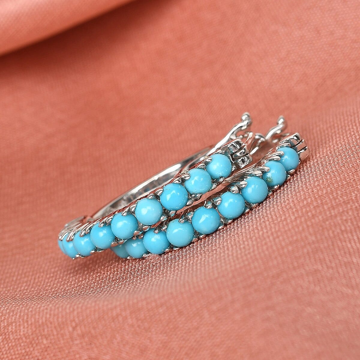 Arizona Sleeping Beauty Turquoise (Rnd) Hoop Earrings (with Clasp Lock) in Platinum Overlay Sterling Silver 1.76 Ct