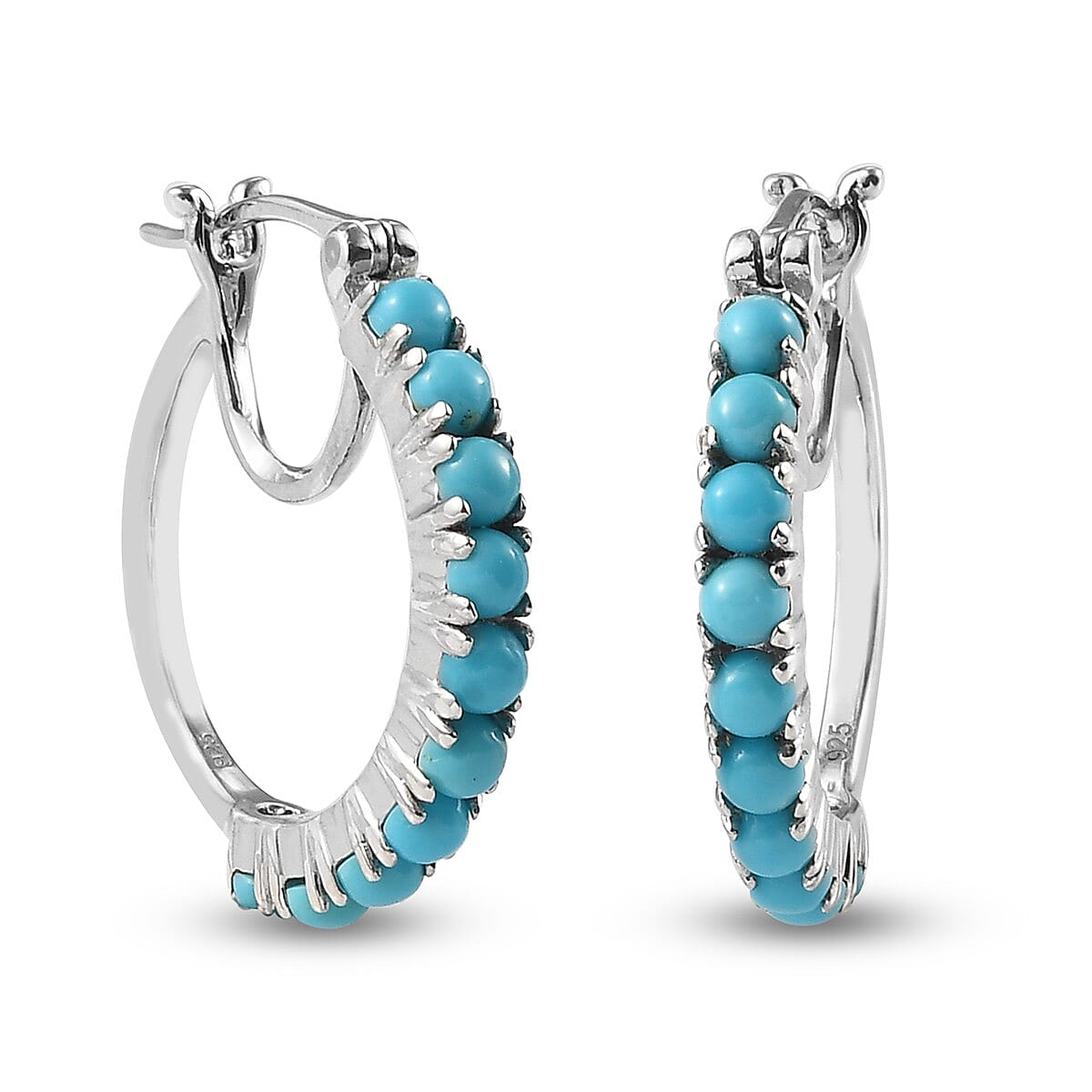 Arizona Sleeping Beauty Turquoise (Rnd) Hoop Earrings (with Clasp Lock) in Platinum Overlay Sterling Silver 1.76 Ct