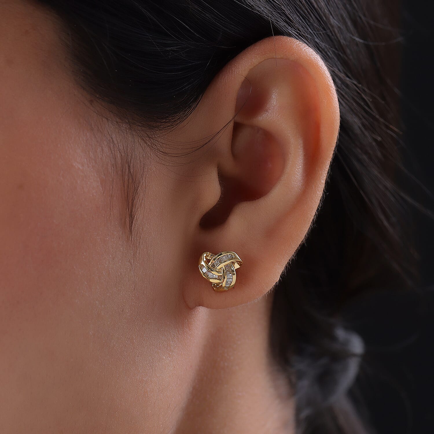 Diamond Triple Knot Stud Earrings with Push Back in 14K Gold Overlay Sterling Silver