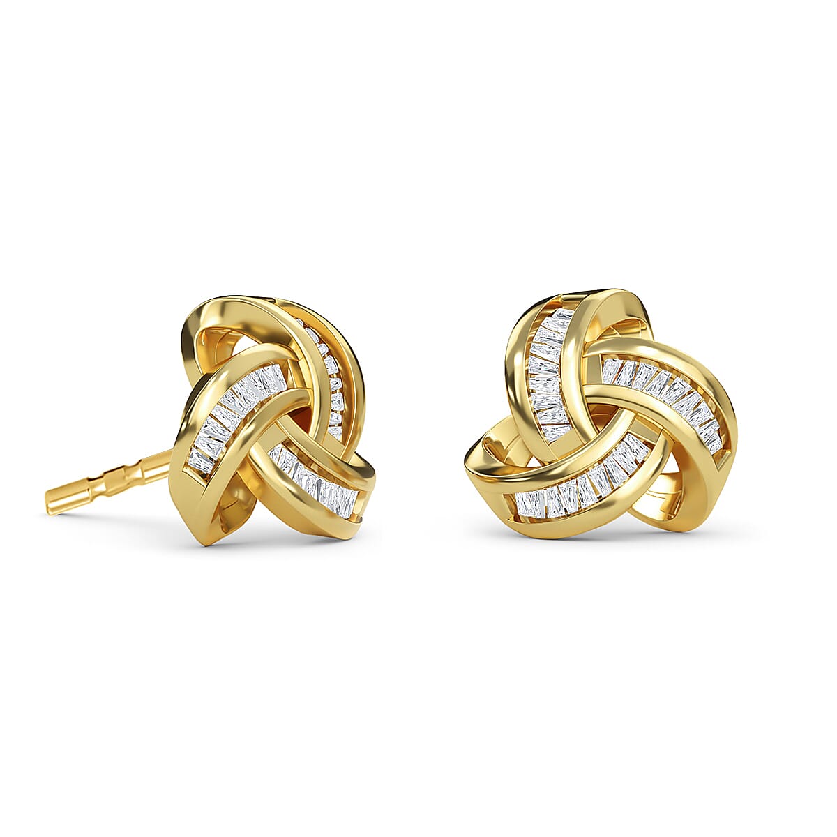 Diamond Triple Knot Stud Earrings with Push Back in 14K Gold Overlay Sterling Silver