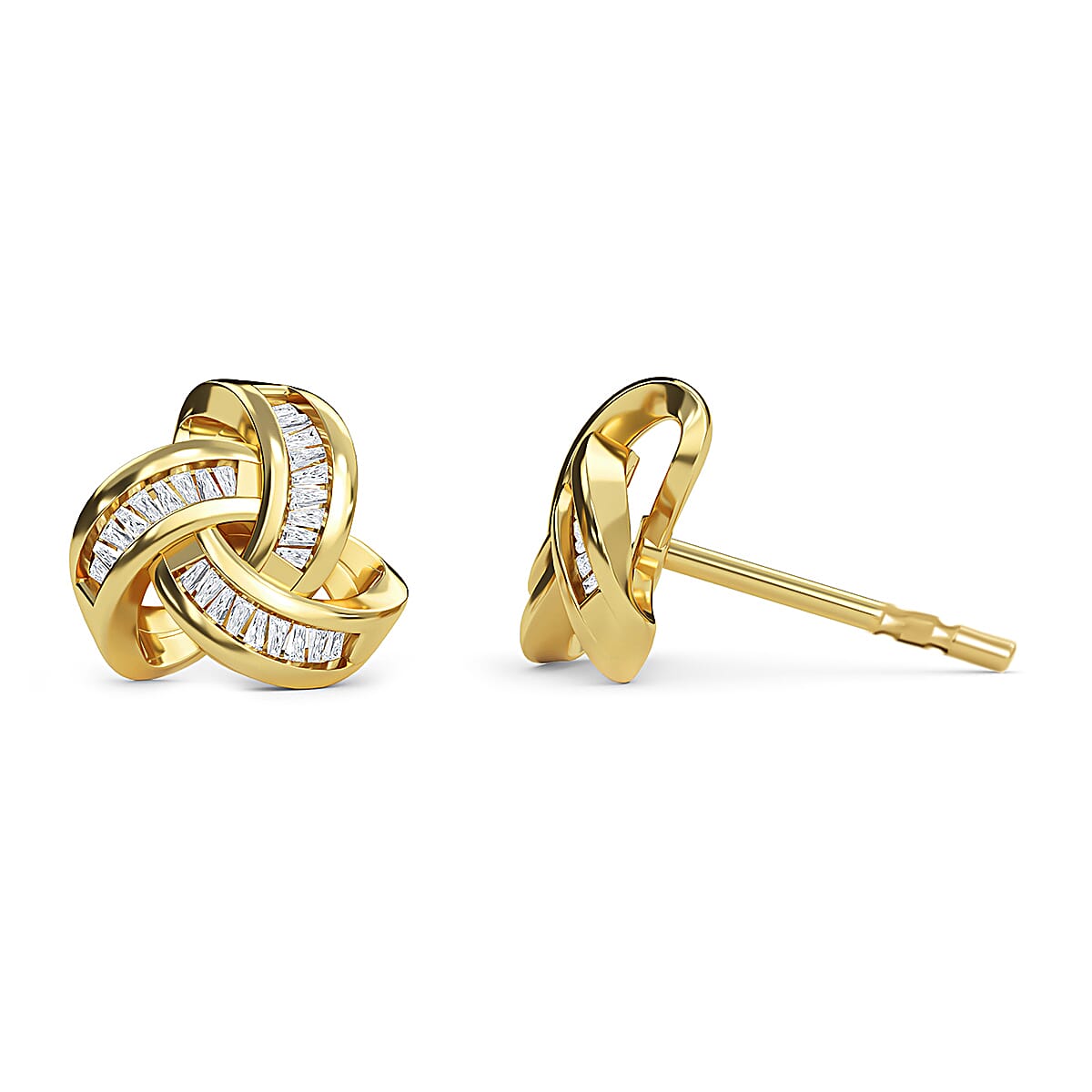 Diamond Triple Knot Stud Earrings with Push Back in 14K Gold Overlay Sterling Silver