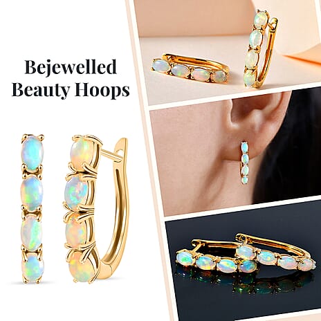 Ethiopian Welo Opal Hoop Earrings with Clasp in 18K Vermeil Yellow Gold Plated Sterling Silver 1.20 Ct.