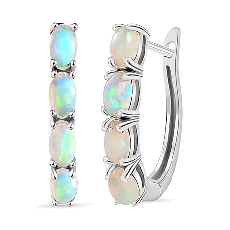Ethiopian Welo Opal Hoop Earrings with Clasp in Platinum Overlay Sterling Silver 1.35 Ct.