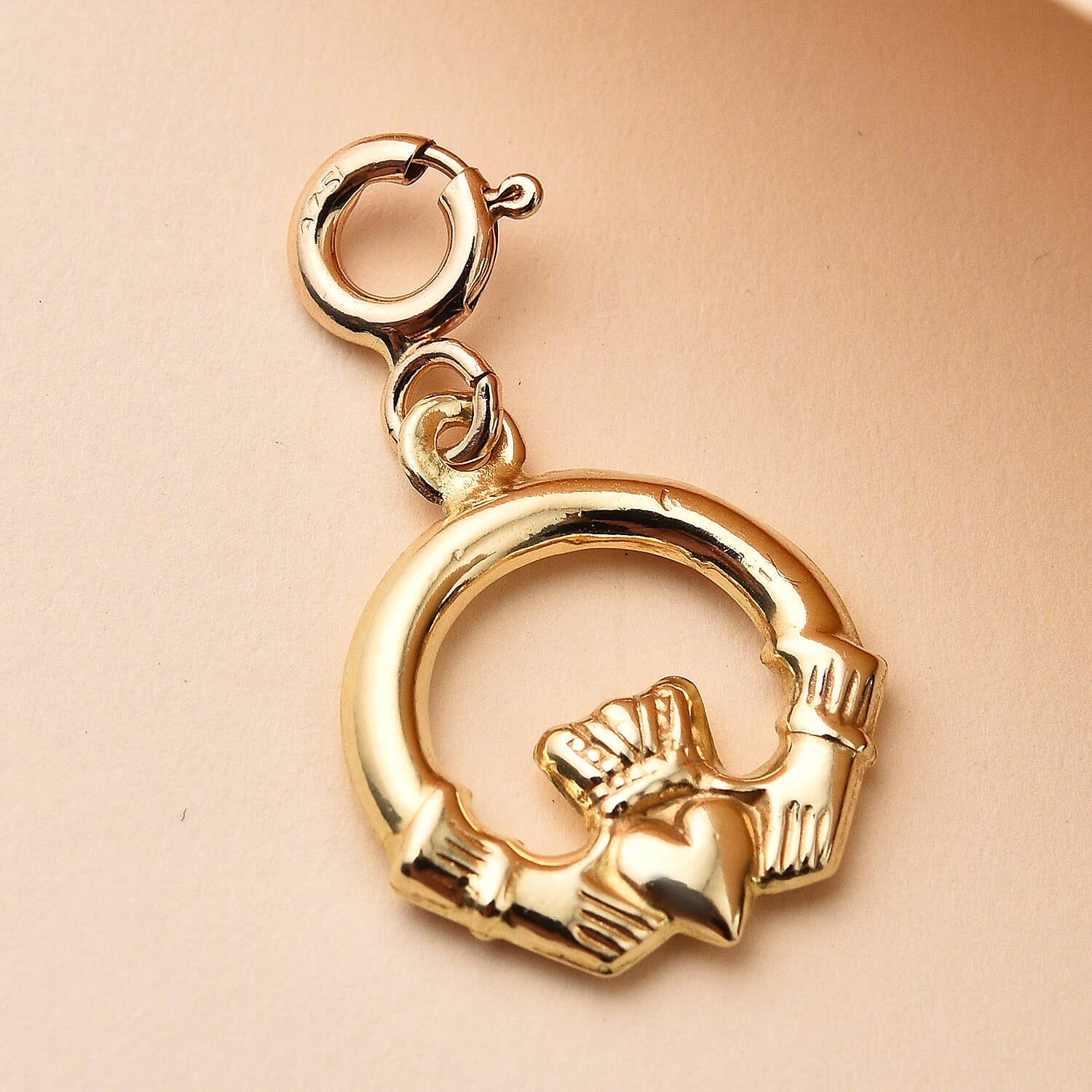 9K Yellow Gold Claddagh Bolt Ring Charm Pendant With Spring Ring Clasp.
