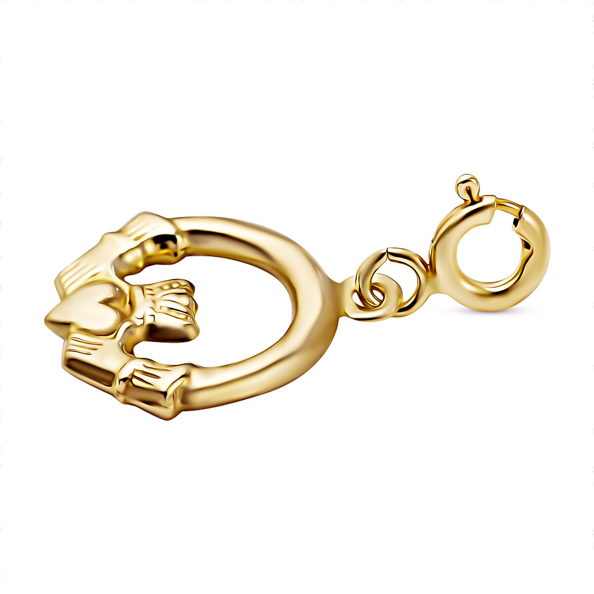 9K Yellow Gold Claddagh Bolt Ring Charm Pendant With Spring Ring Clasp.