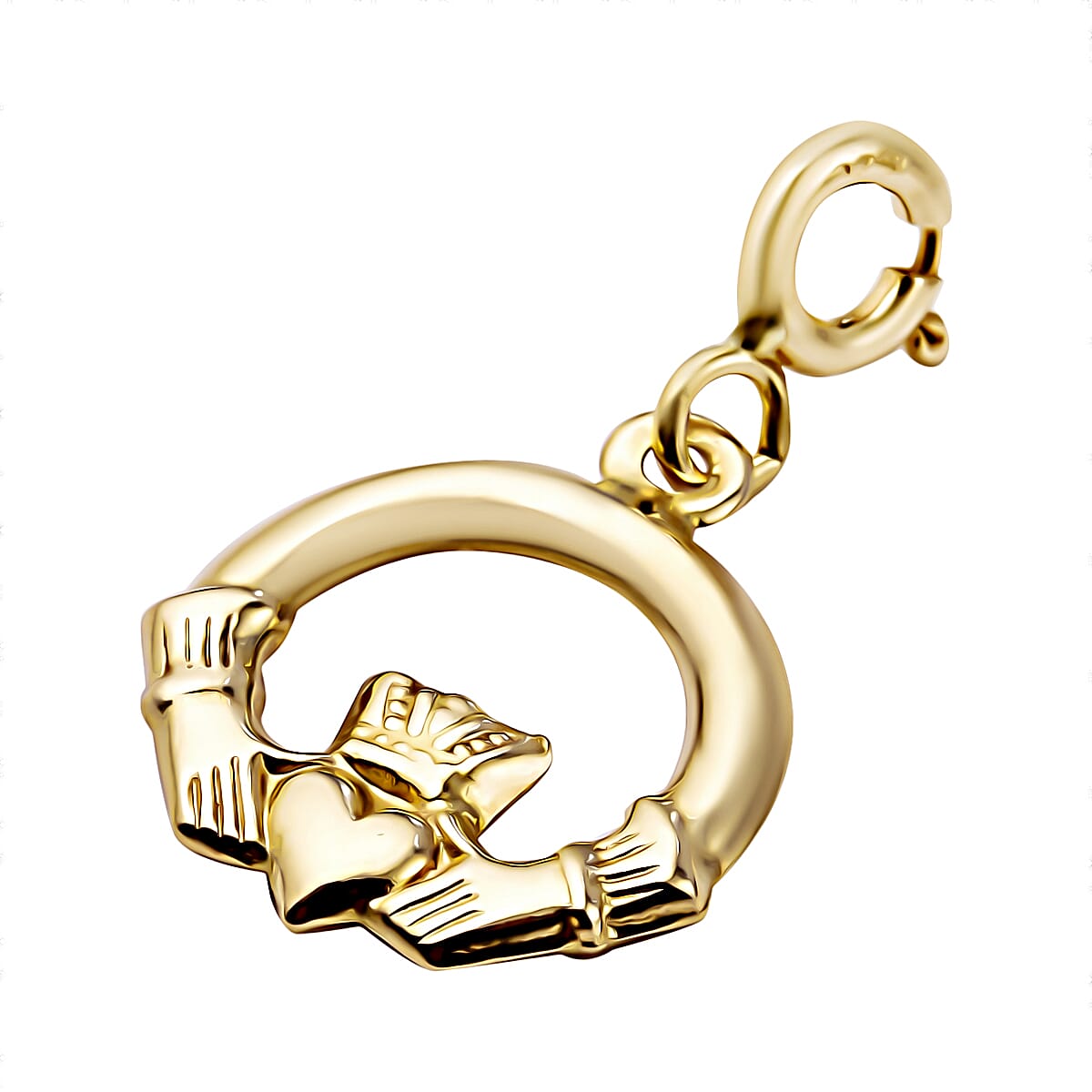 9K Yellow Gold Claddagh Bolt Ring Charm Pendant With Spring Ring Clasp.