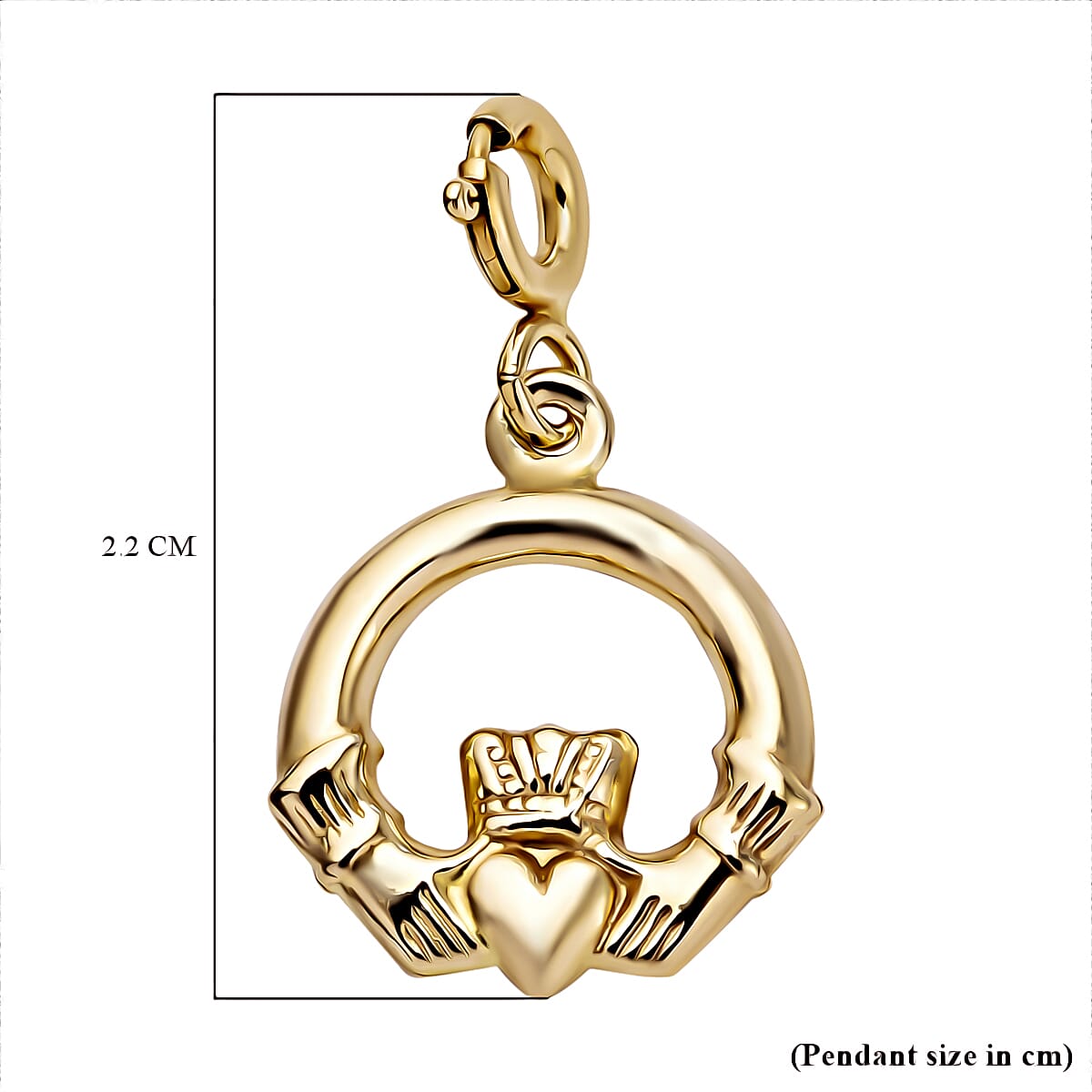 9K Yellow Gold Claddagh Bolt Ring Charm Pendant With Spring Ring Clasp.