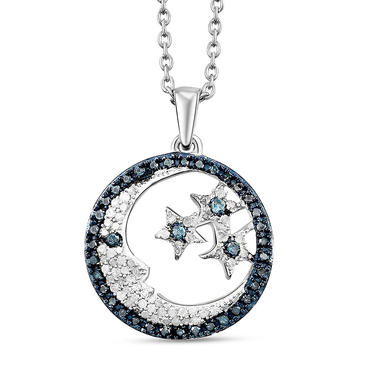 GP White Diamond (Rnd), Blue Diamond and Blue Sapphire Star and Moon Pendant with Chain (Size 18) in Platinum Overlay Sterling Silver 0.520 Ct, Number of Diamonds- 100.