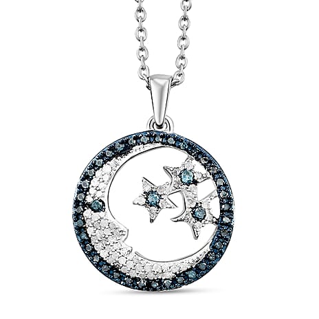 GP - White Diamond, Blue Diamond & Blue Sapphire Star and Moon Pendant with Chain (Size 20) in Platinum Overlay Sterling Silver 0.50 Ct.
