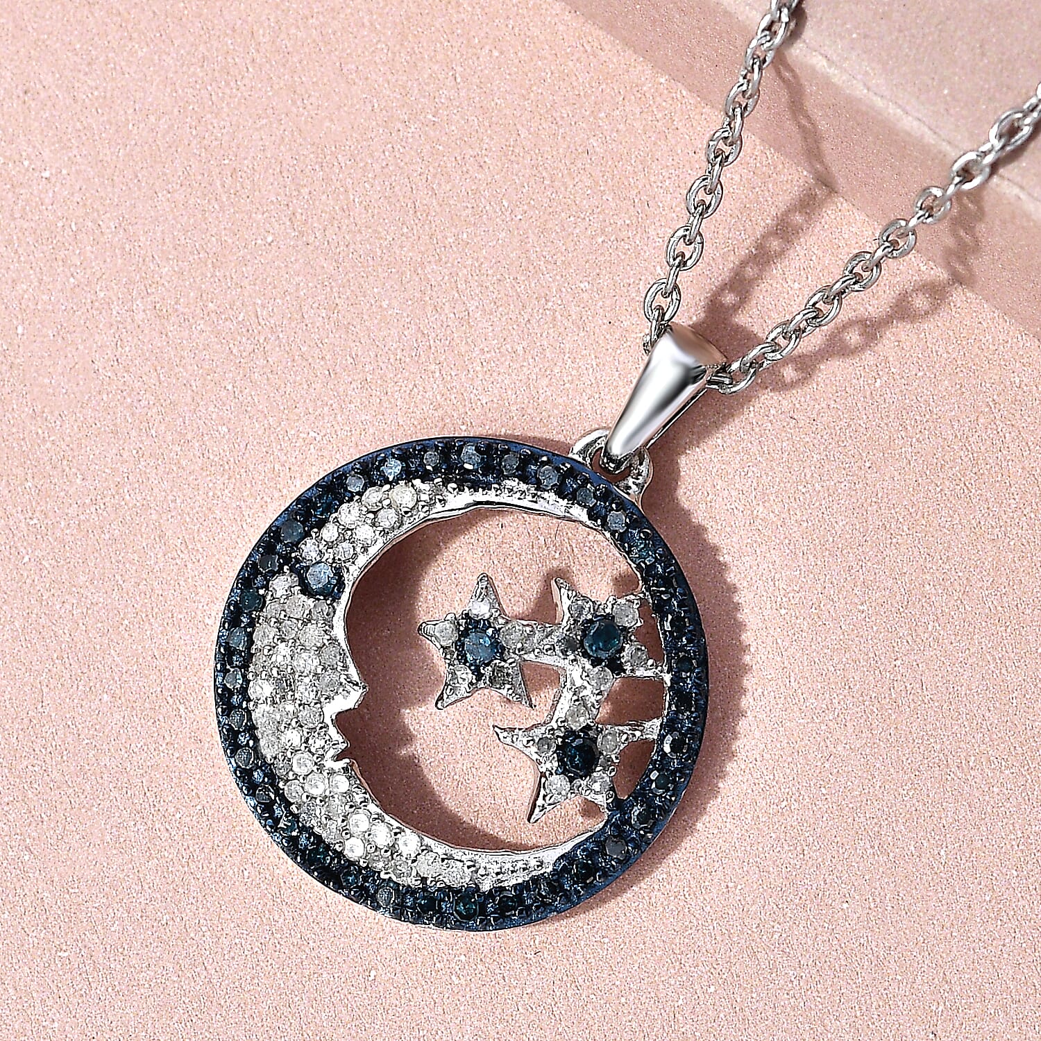 GP White Diamond (Rnd), Blue Diamond and Blue Sapphire Star and Moon Pendant with Chain (Size 18) in Platinum Overlay Sterling Silver 0.520 Ct, Number of Diamonds- 100.
