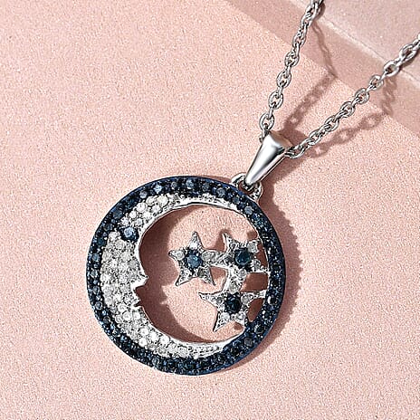 GP - White Diamond, Blue Diamond & Blue Sapphire Star and Moon Pendant with Chain (Size 20) in Platinum Overlay Sterling Silver 0.50 Ct.