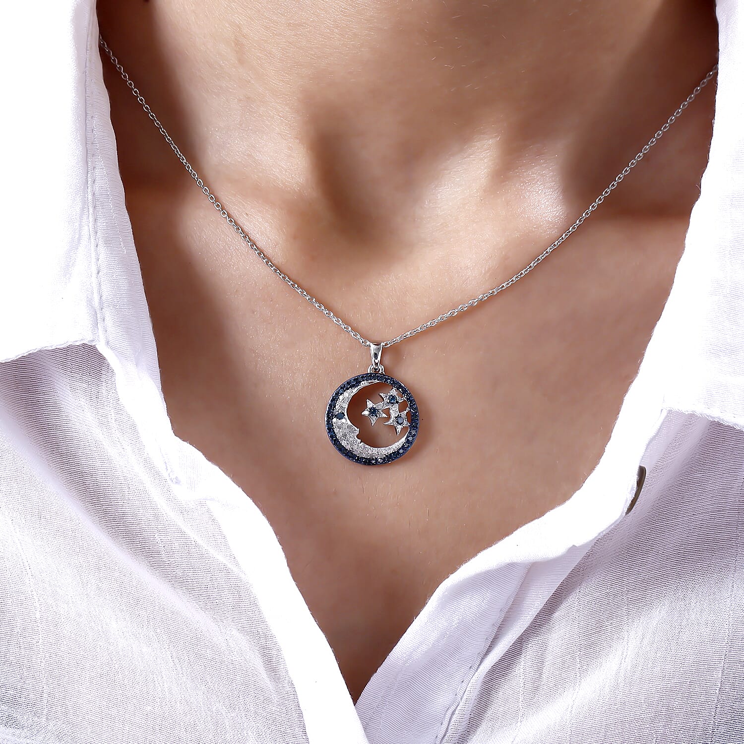 GP White Diamond (Rnd), Blue Diamond and Blue Sapphire Star and Moon Pendant with Chain (Size 18) in Platinum Overlay Sterling Silver 0.520 Ct, Number of Diamonds- 100.