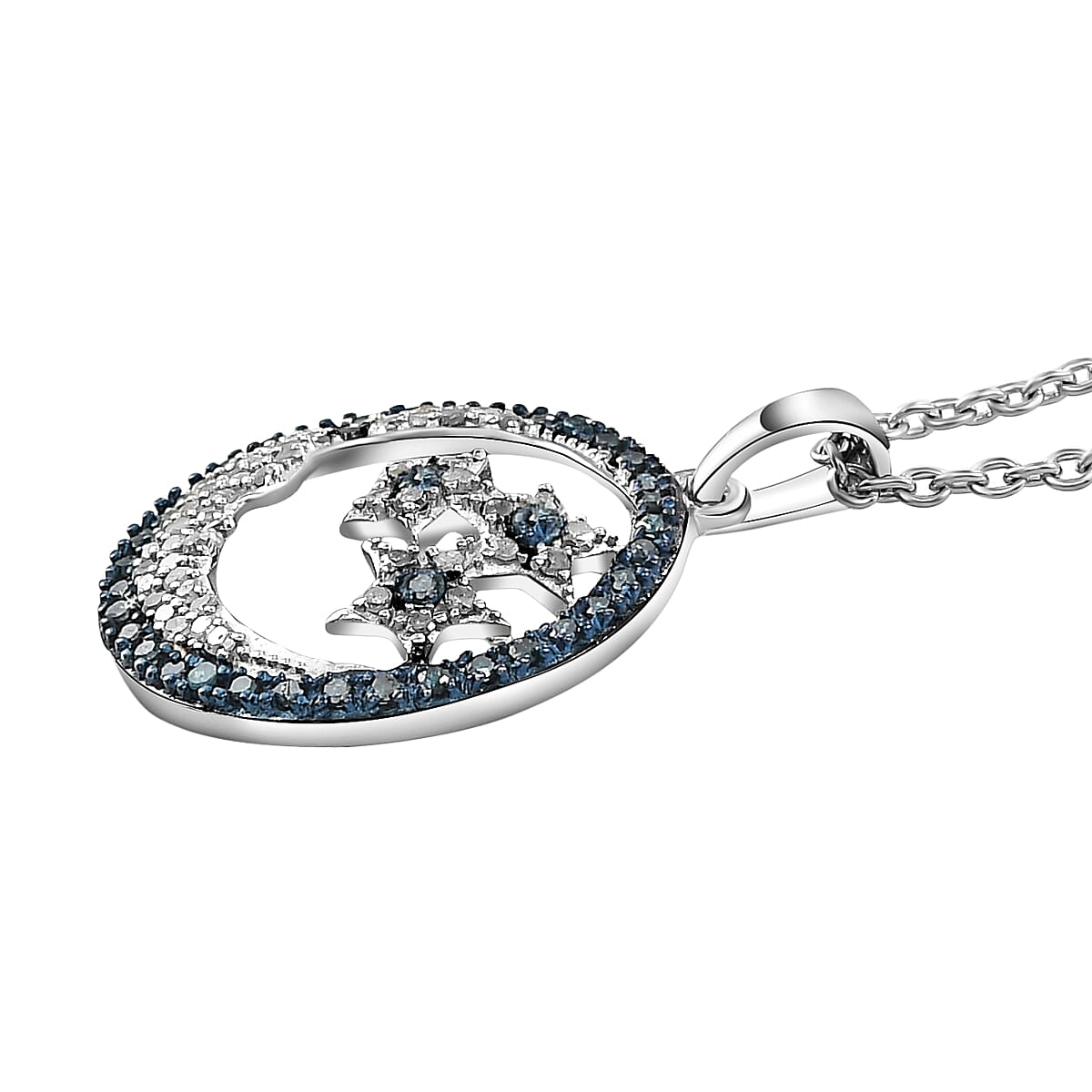 GP White Diamond (Rnd), Blue Diamond and Blue Sapphire Star and Moon Pendant with Chain (Size 18) in Platinum Overlay Sterling Silver 0.520 Ct, Number of Diamonds- 100.