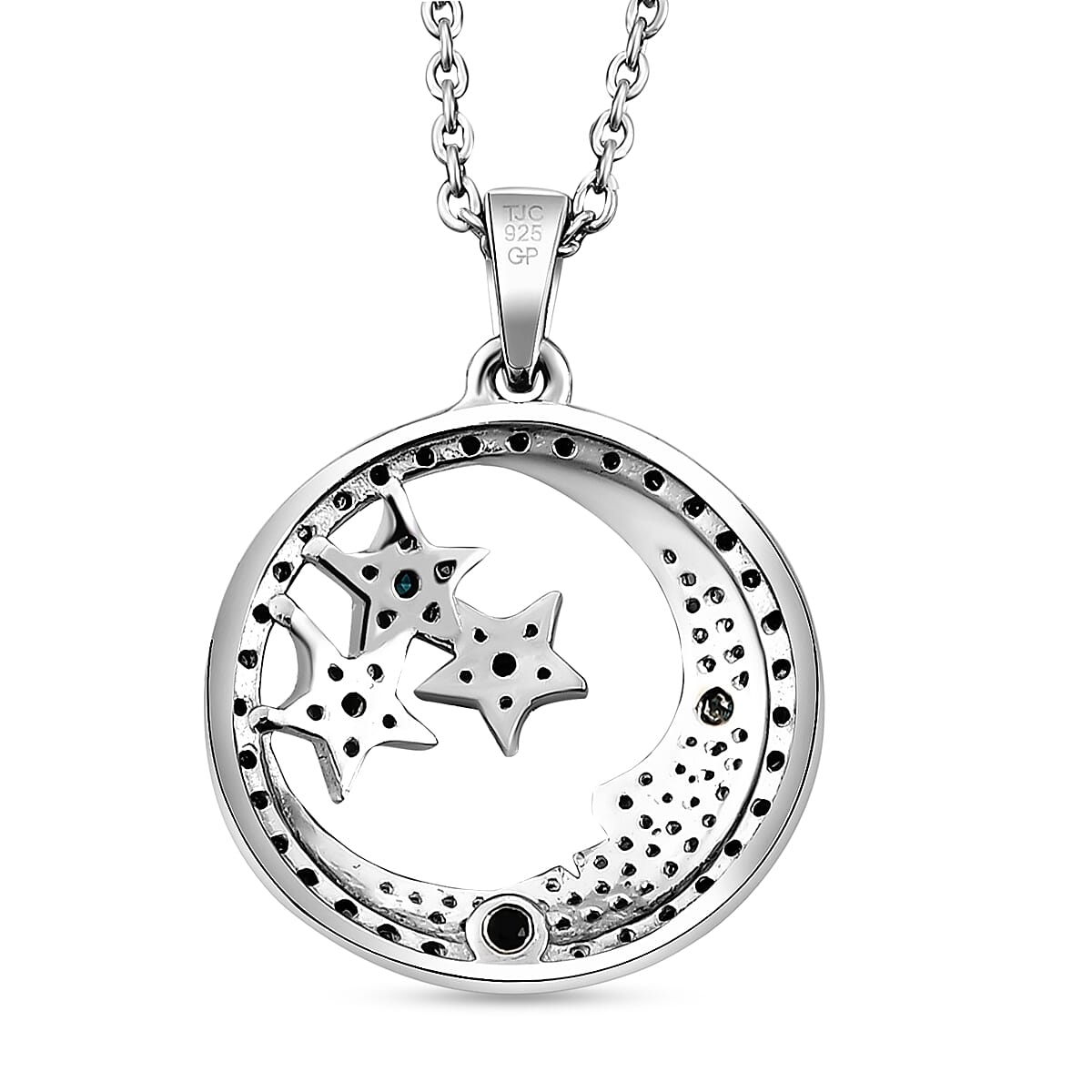 GP White Diamond (Rnd), Blue Diamond and Blue Sapphire Star and Moon Pendant with Chain (Size 18) in Platinum Overlay Sterling Silver 0.520 Ct, Number of Diamonds- 100.