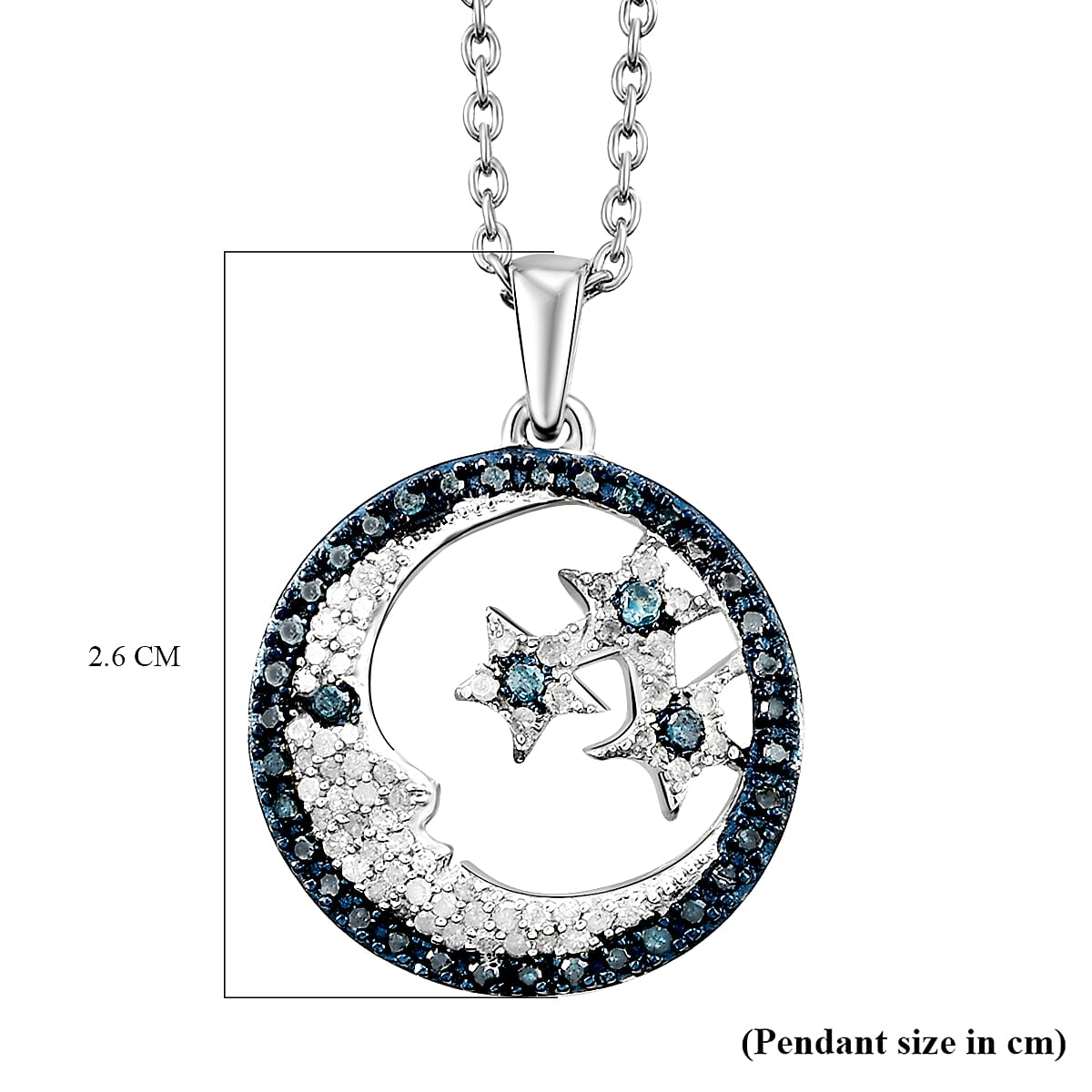 GP White Diamond (Rnd), Blue Diamond and Blue Sapphire Star and Moon Pendant with Chain (Size 18) in Platinum Overlay Sterling Silver 0.520 Ct, Number of Diamonds- 100.