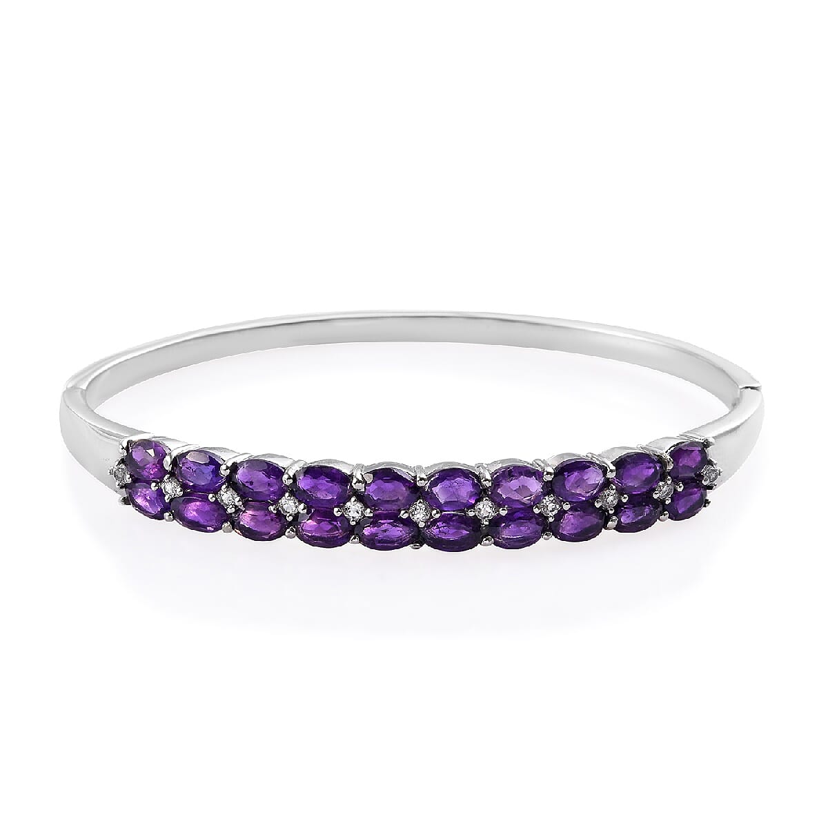 Amethyst (Ovl 6x4 mm), White Topaz Bangle (Size 7.5) in Stainless Steel 8.75 Ct.