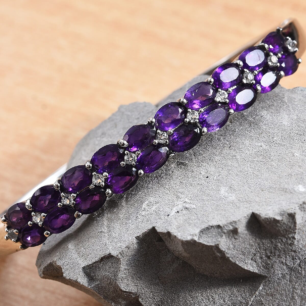 Amethyst (Ovl 6x4 mm), White Topaz Bangle (Size 7.5) in Stainless Steel 8.75 Ct.