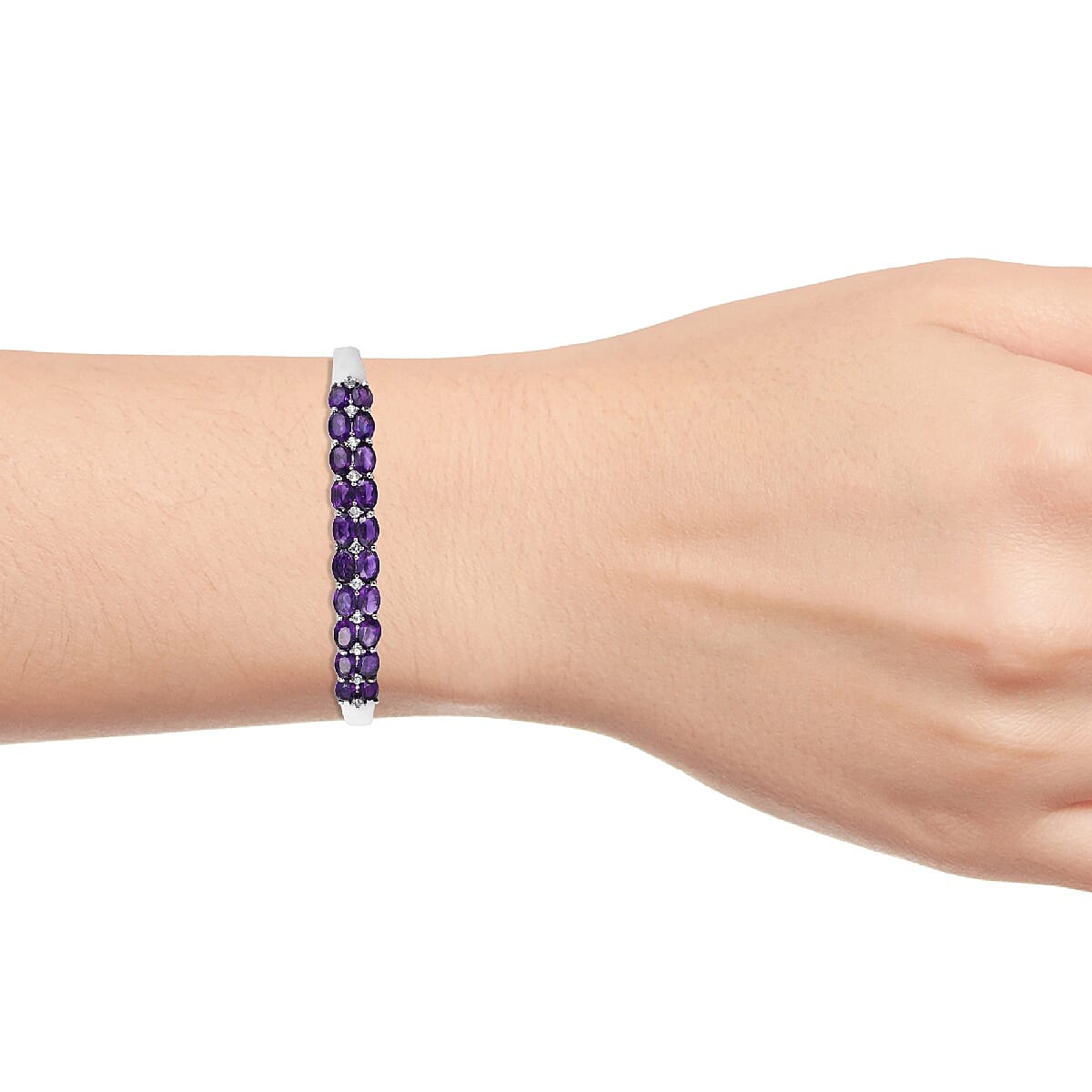 Amethyst (Ovl 6x4 mm), White Topaz Bangle (Size 7.5) in Stainless Steel 8.75 Ct.