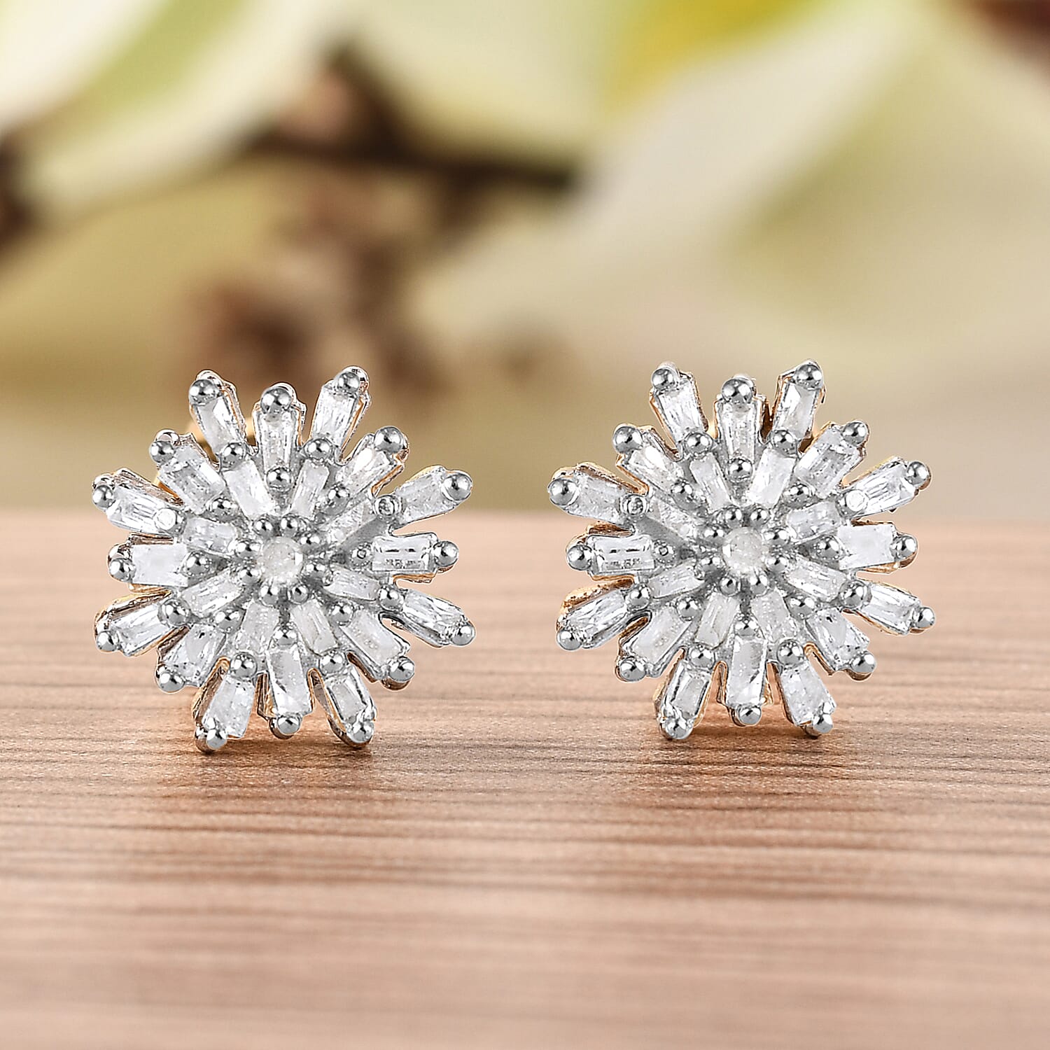 D'Joy Diamond Snow Flake Earrings with Push Back in 18K Vermeil Yellow Gold Plated Sterling Silver 0.33 Ct.