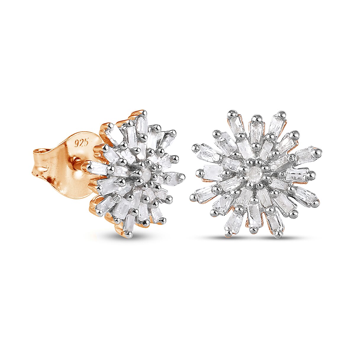 D'Joy Diamond Snow Flake Earrings with Push Back in 18K Vermeil Yellow Gold Plated Sterling Silver 0.33 Ct.