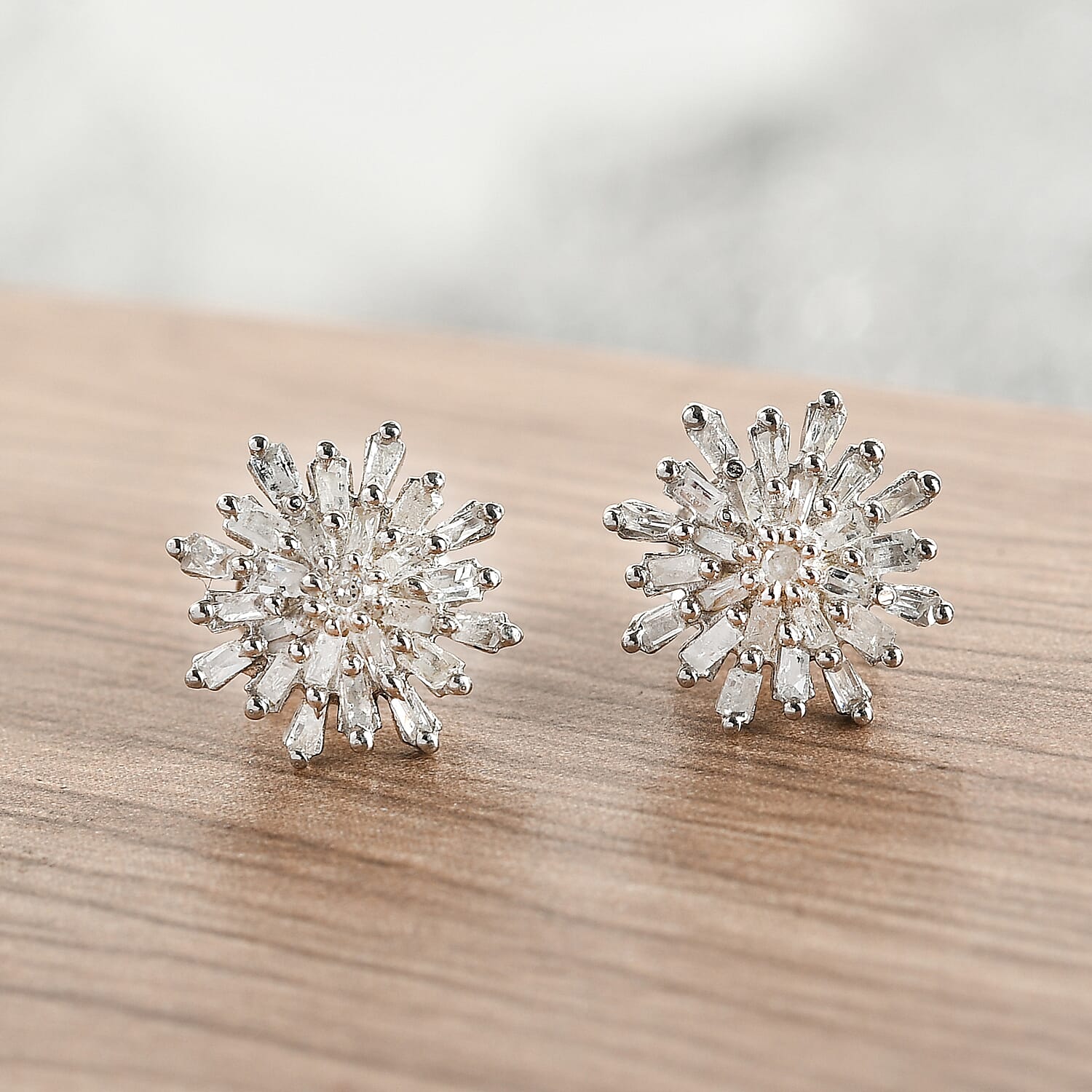 D'Joy Diamond Snow Flake Earrings with Push Back in Platinum Overlay Sterling Silver 0.33 Ct.