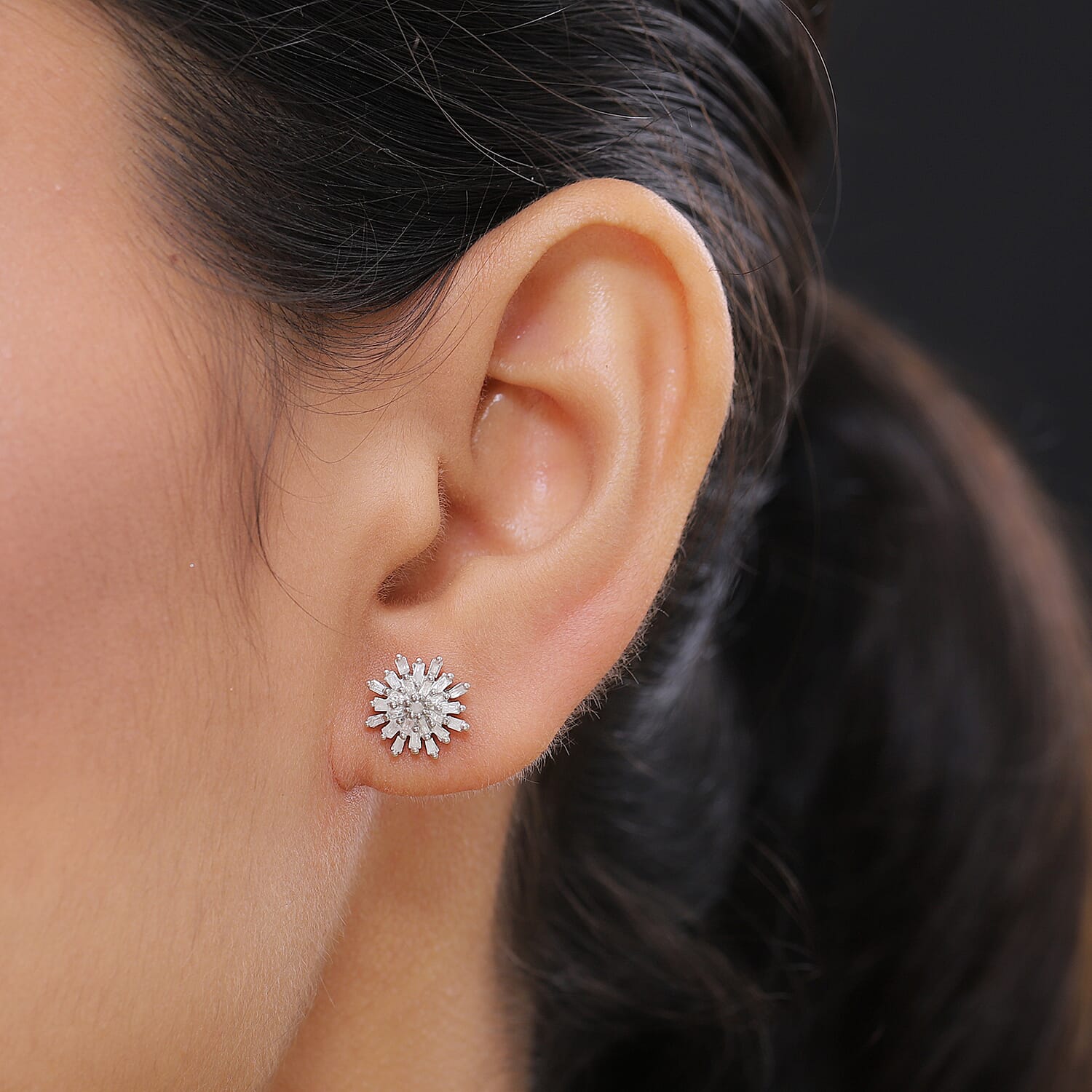 D'Joy Diamond Snow Flake Earrings with Push Back in Platinum Overlay Sterling Silver 0.33 Ct.