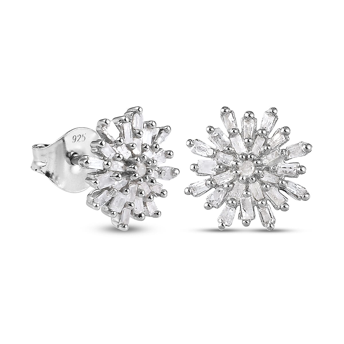 D'Joy Diamond Snow Flake Earrings with Push Back in Platinum Overlay Sterling Silver 0.33 Ct.