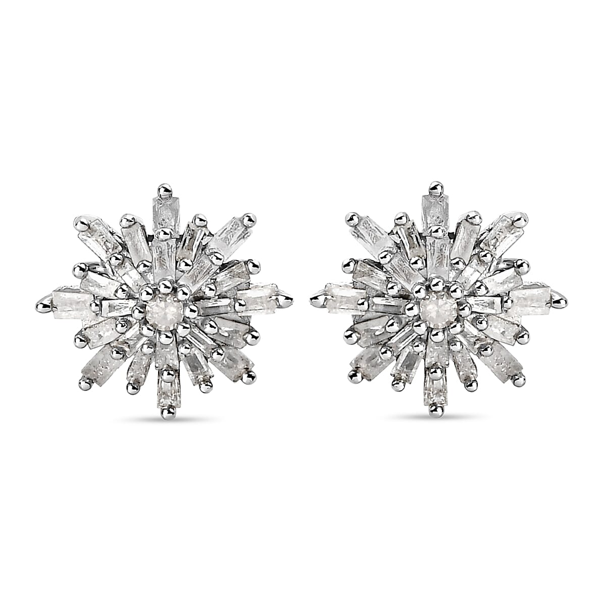 D'Joy Diamond Snow Flake Earrings with Push Back in Platinum Overlay Sterling Silver 0.33 Ct.