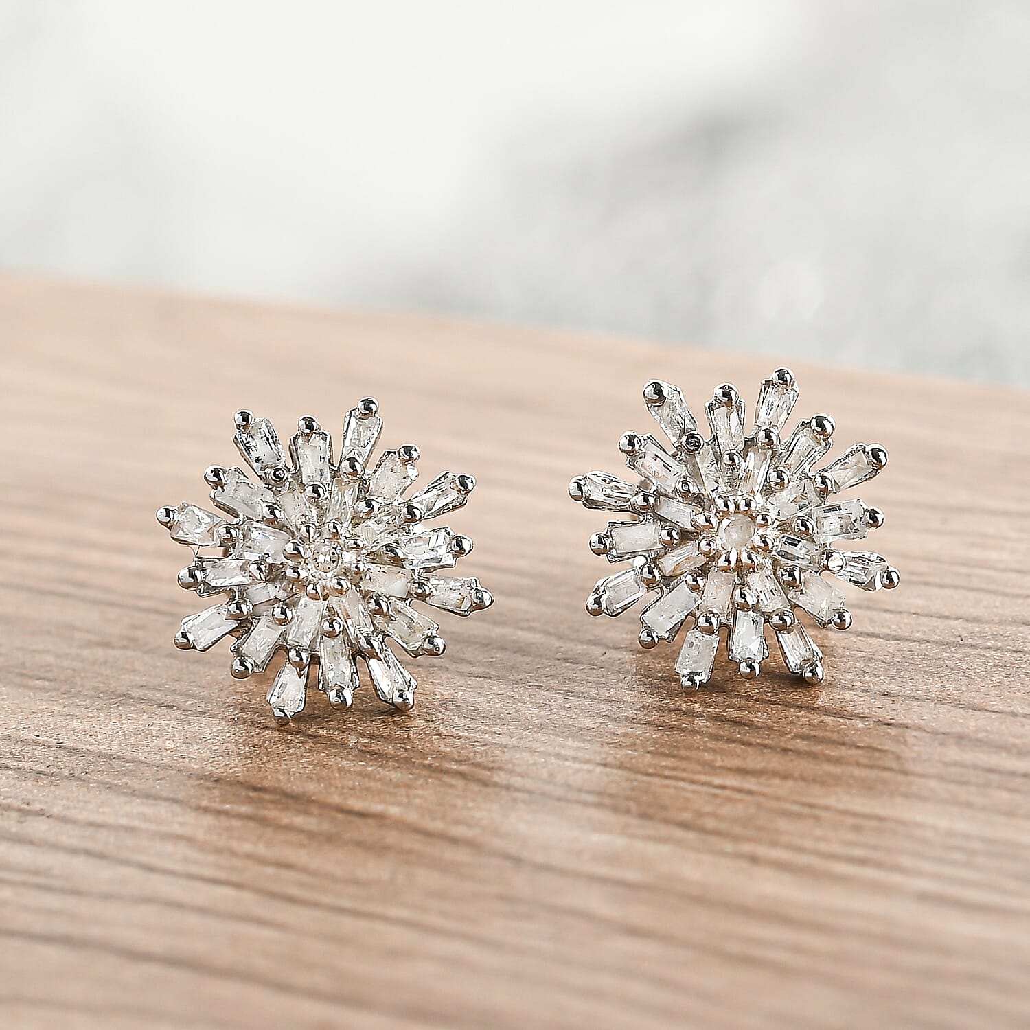D'Joy Diamond Snow Flake Earrings with Push Back in Platinum Overlay Sterling Silver 0.33 Ct.