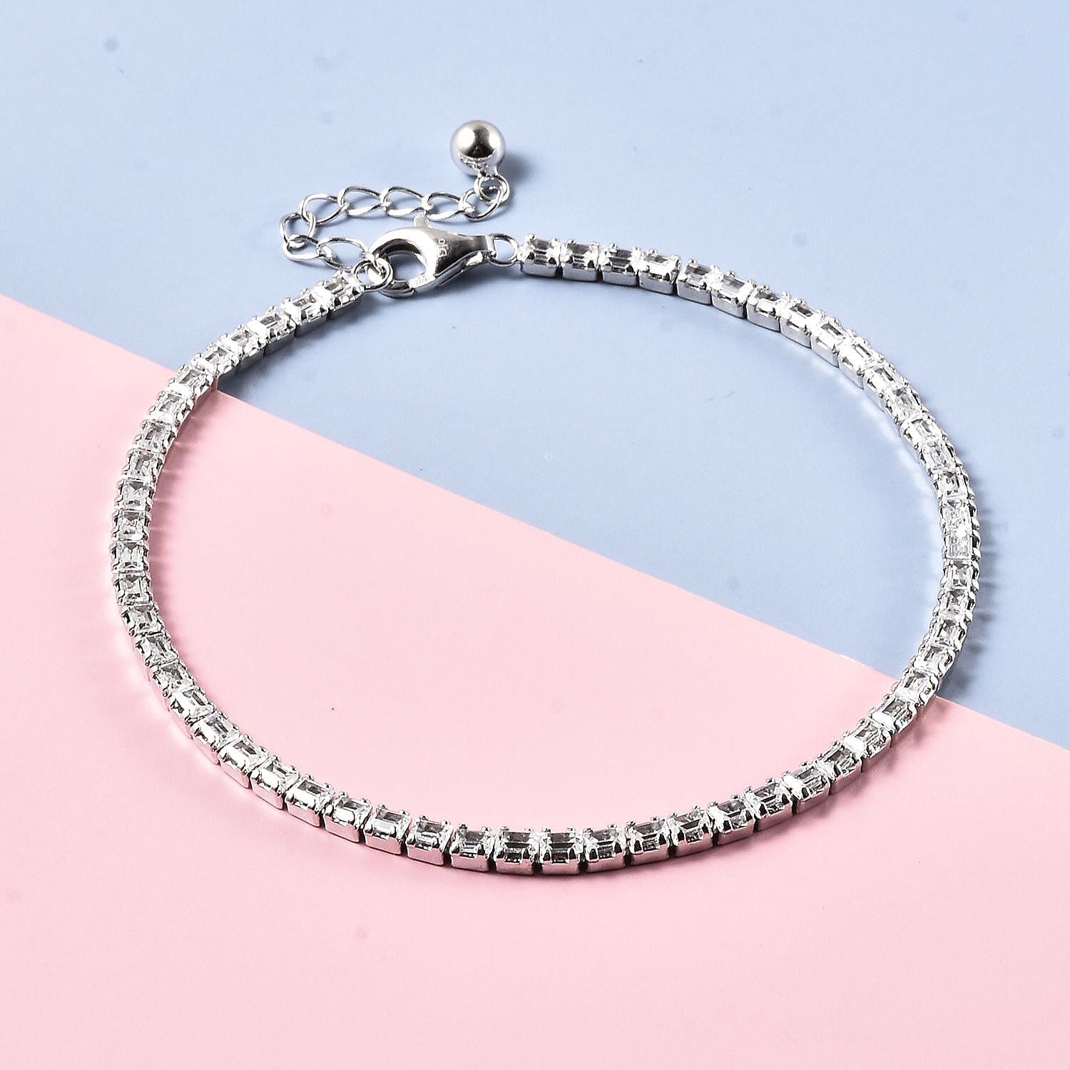 ELANZA Simulated Diamond (Bgt) Tennis Bracelet with Lobster Clasp (Size 7 with 1 Inch Extender) in Rhodium Overlay Sterling Silver.