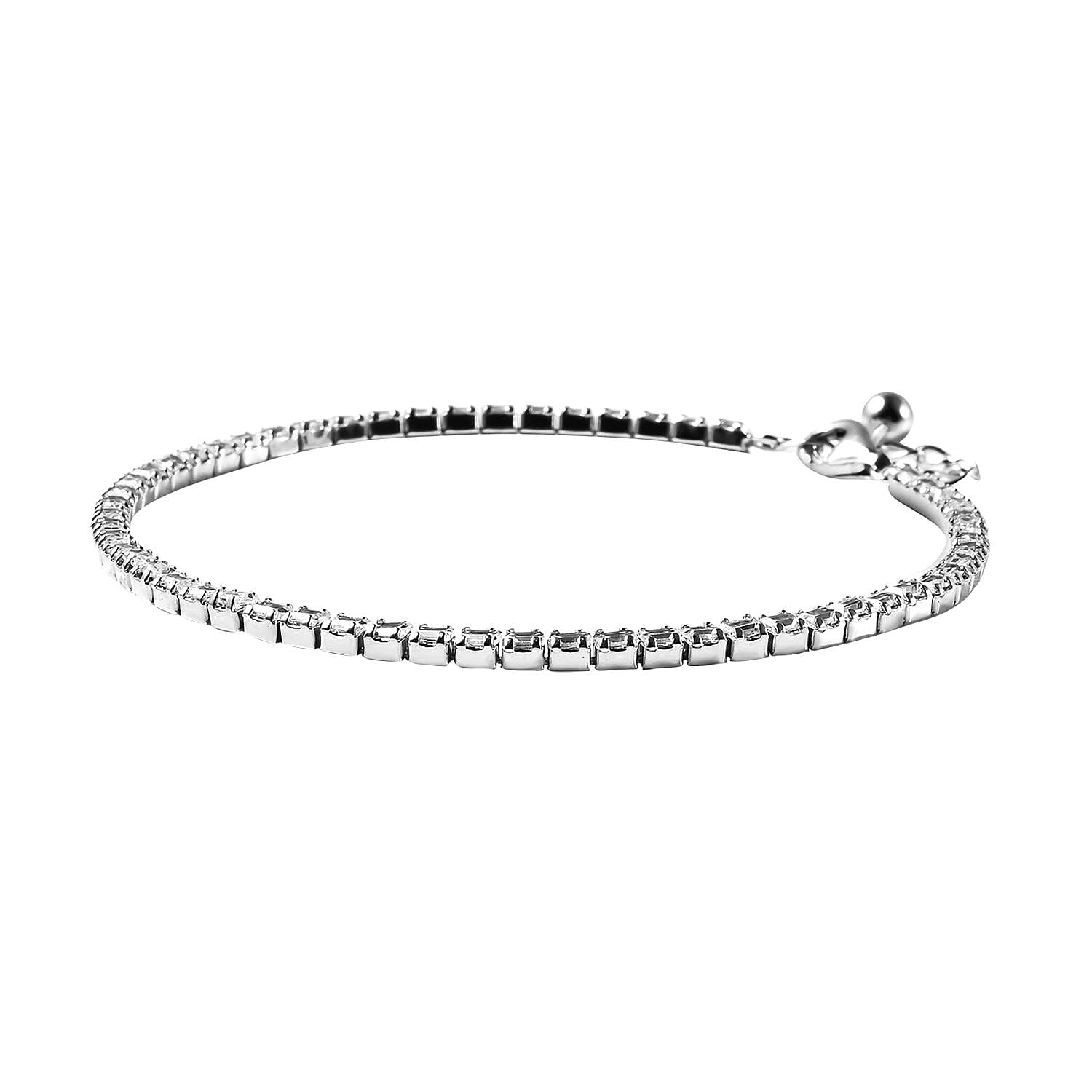 ELANZA Simulated Diamond (Bgt) Tennis Bracelet with Lobster Clasp (Size 7 with 1 Inch Extender) in Rhodium Overlay Sterling Silver.