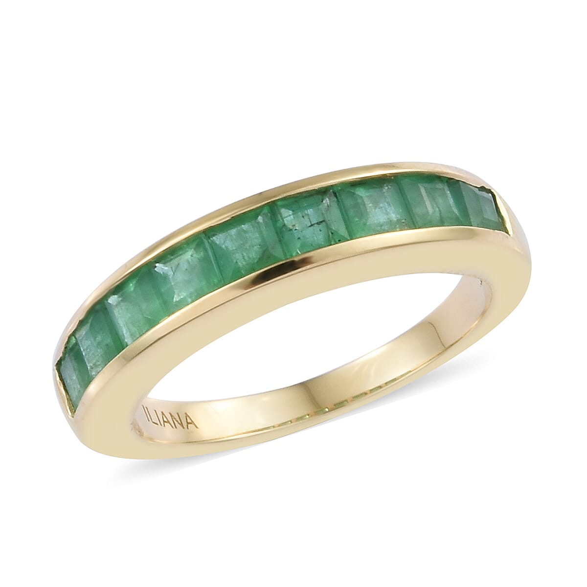 ILIANA 18K Yellow Gold AAA Kagem Zambian Emerald (Sqr) Half Eternity Band Ring 1.350 Ct.