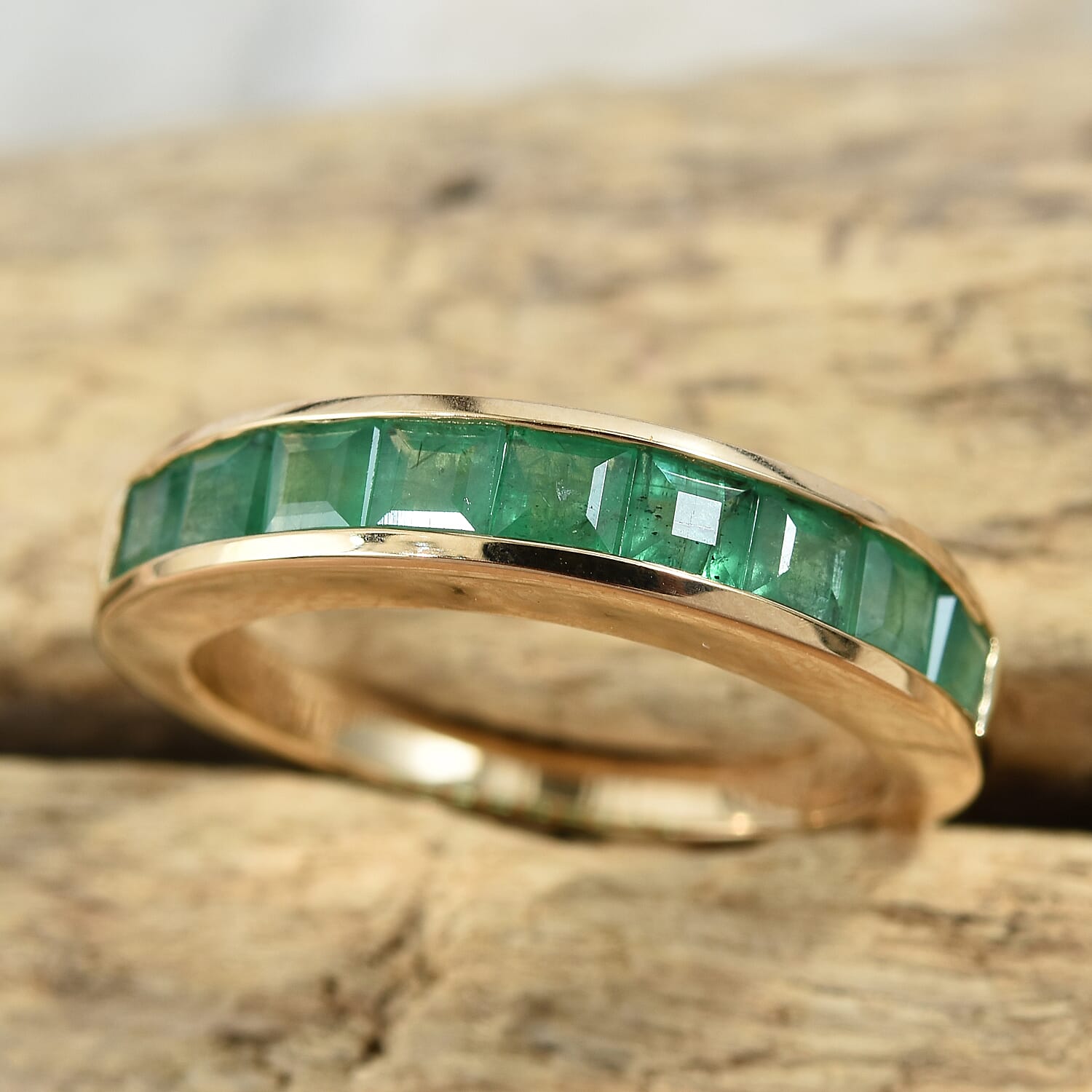 ILIANA 18K Yellow Gold AAA Kagem Zambian Emerald (Sqr) Half Eternity Band Ring 1.350 Ct.