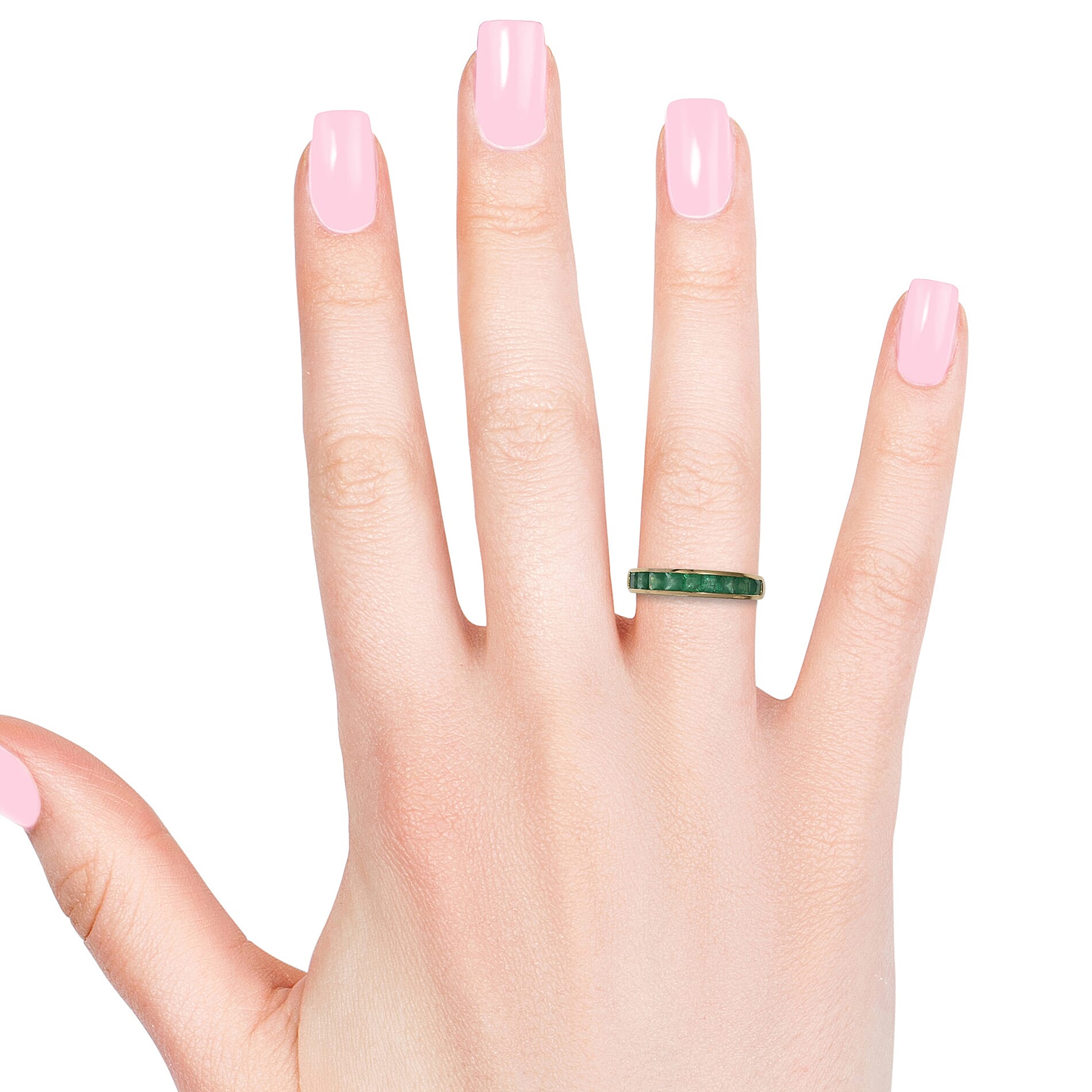 ILIANA 18K Yellow Gold AAA Kagem Zambian Emerald (Sqr) Half Eternity Band Ring 1.350 Ct.