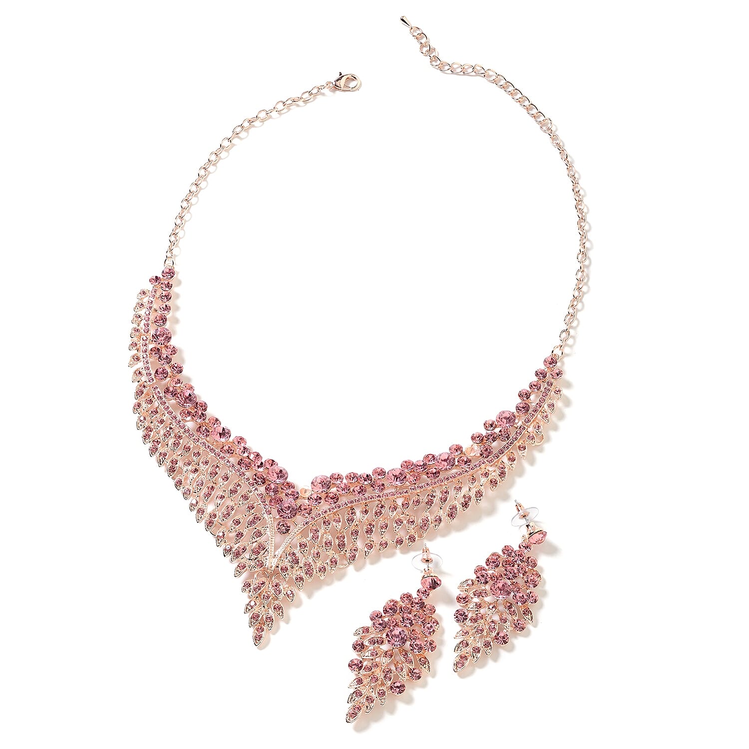 2 Piece Set - Pink Austrian Crystal (Rnd) Chandelier Design Necklace (Size 19 with 3 inch Extender) and Earrings (with Push Back) in Rose Gold Tone