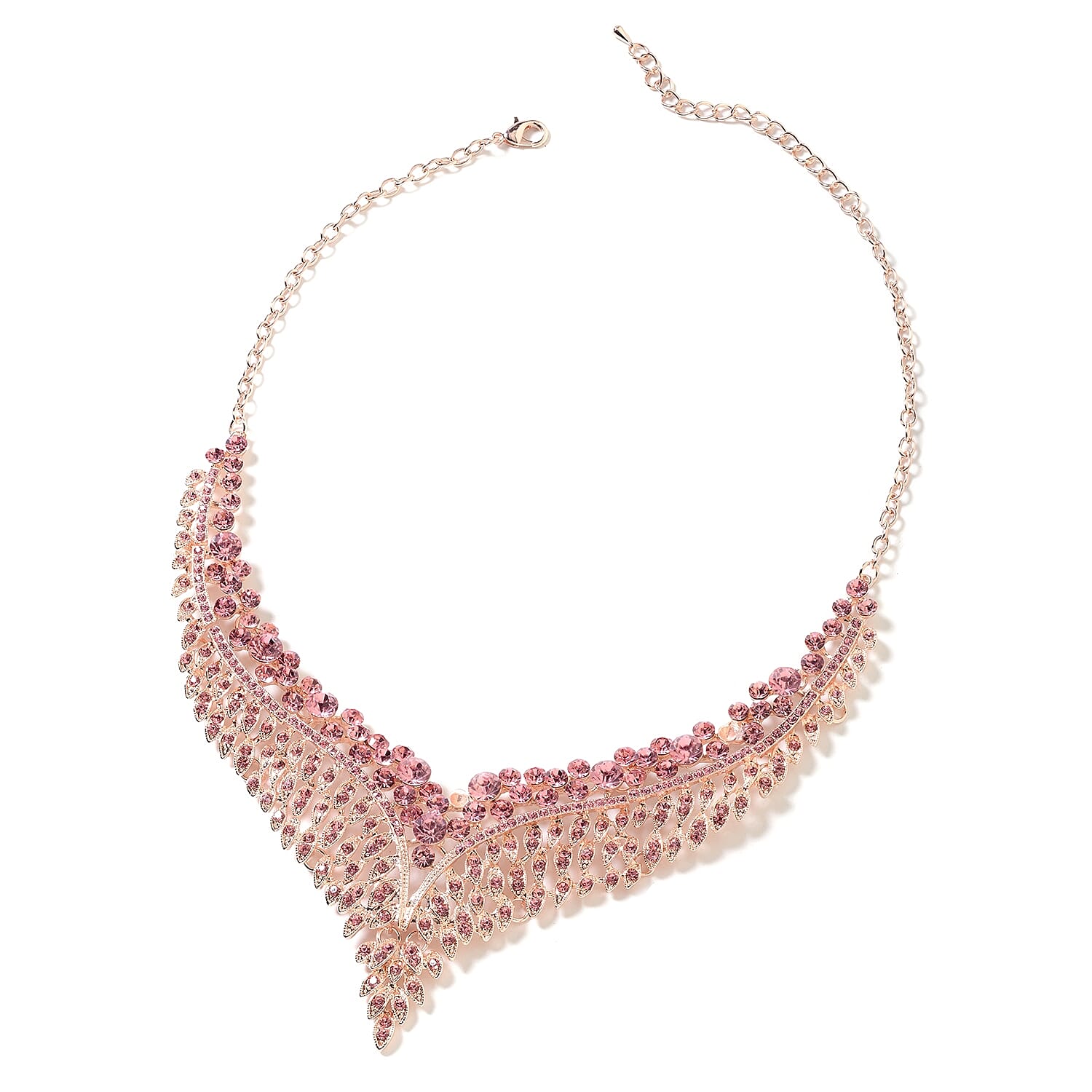 2 Piece Set - Pink Austrian Crystal (Rnd) Chandelier Design Necklace (Size 19 with 3 inch Extender) and Earrings (with Push Back) in Rose Gold Tone